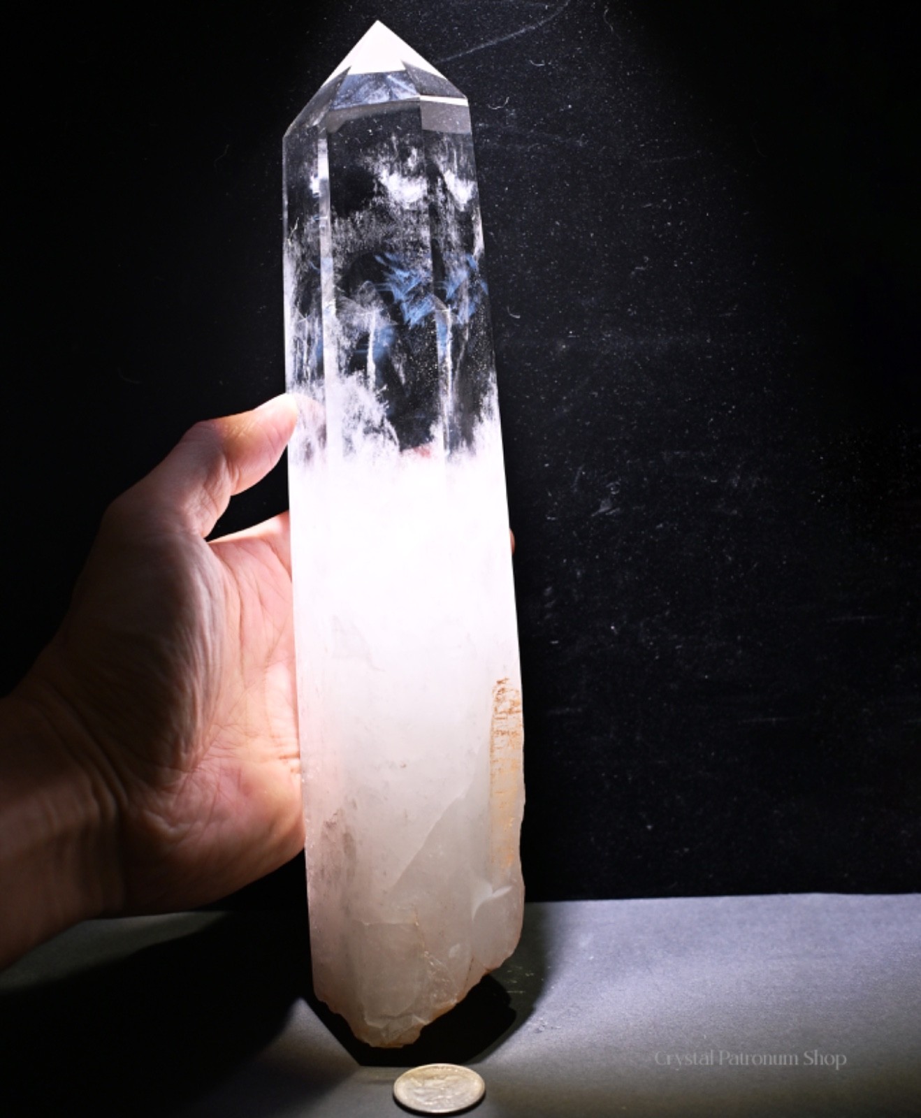 Large Clear Quartz Tower Blue Needle Inclusion Crystal w/ Wood Stand 11\