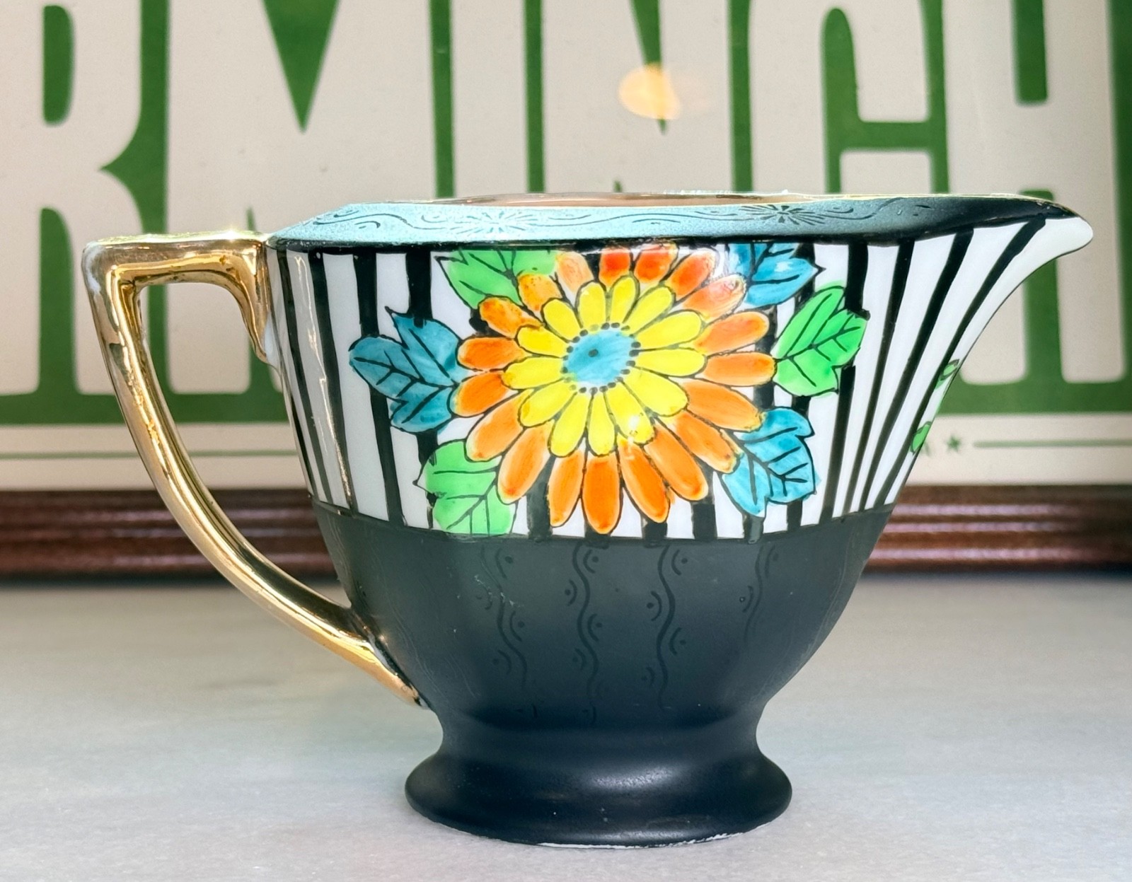 Vtg Art Deco Japanese Lusterware Creamer Pitcher Cup Painted Floral Black Stripe Vtg Art Deco Japanese Lusterware Creamer Pitcher Cup Painted Floral Black Stripe