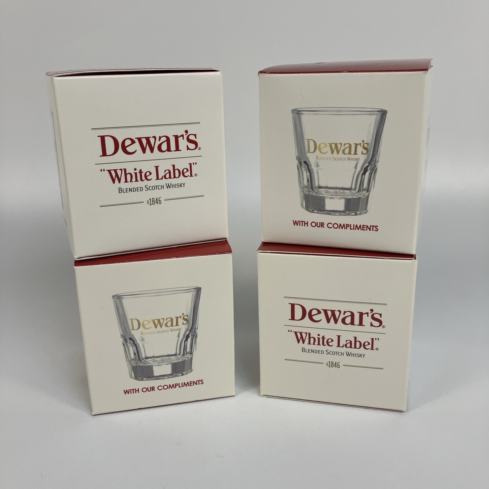 Set of 4 Dewar's White Label Blended Scotch Whisky Rocks Glasses Sealed w/Box