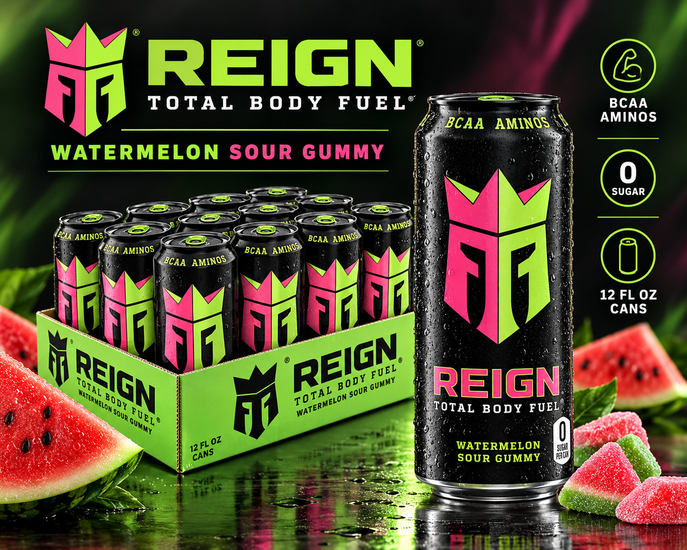REIGN Total Body Fuel Watermelon Sour Gummy 16 fl oz 12 Pack Energy Drink
