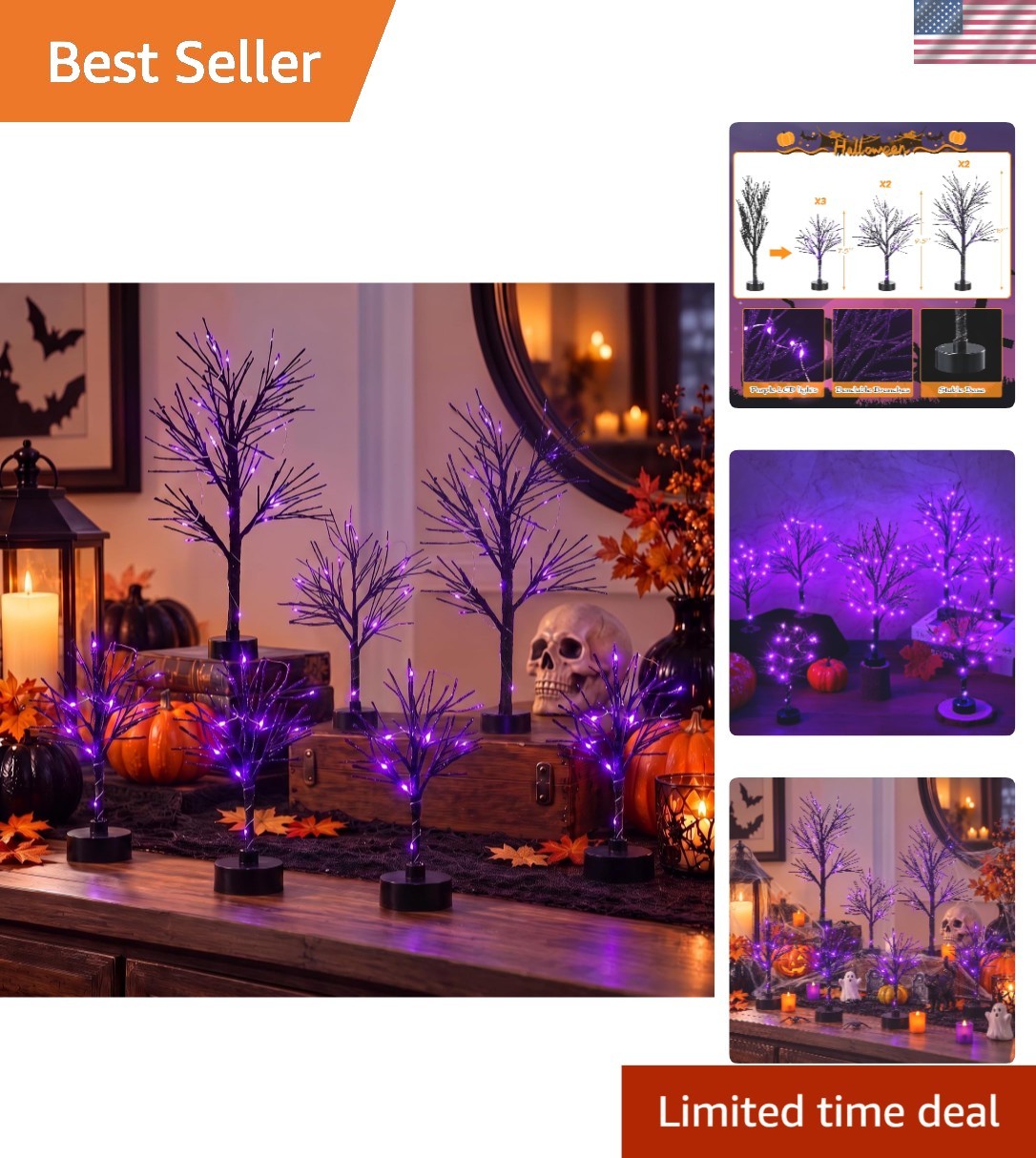 Gorgeous 7-Piece Halloween Black Birch Tree Set with LED Lights - Perfect Decor