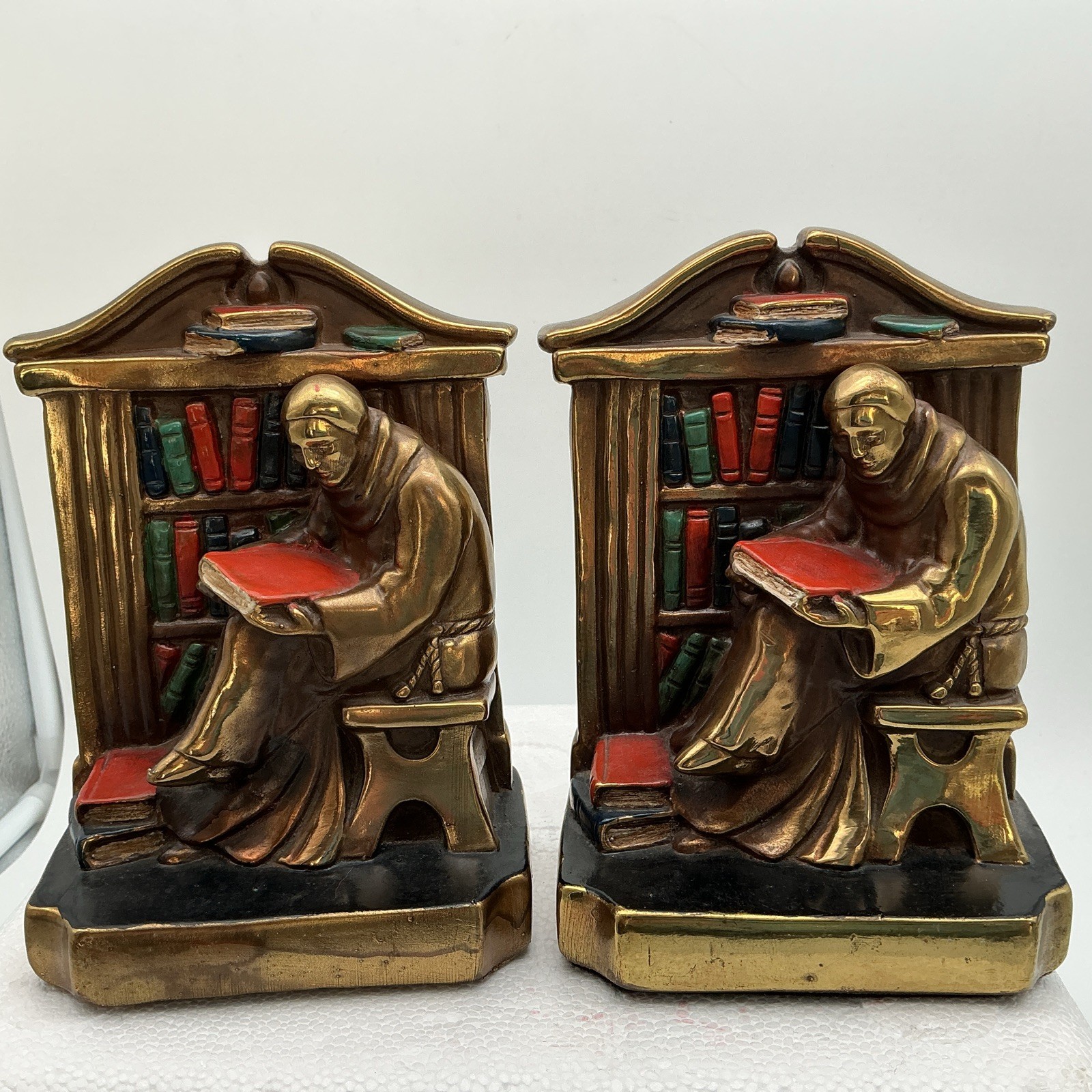 Vintage Marion Bronze Co Reading Monk Bookends Pair Cast Metal Gold Bronze 6 Lbs