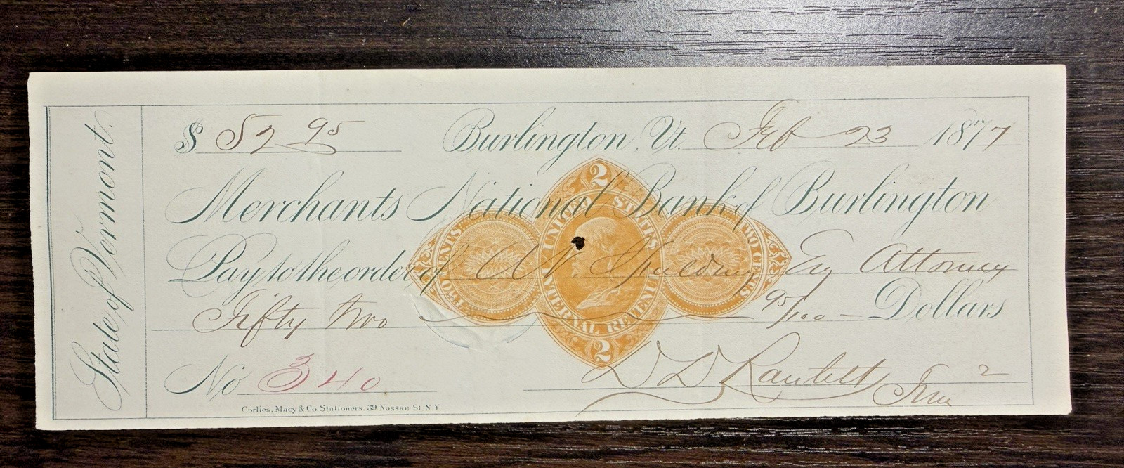 1877 Check Merchants National Bank Burlington STATE OF VERMONT w IRS Vignette