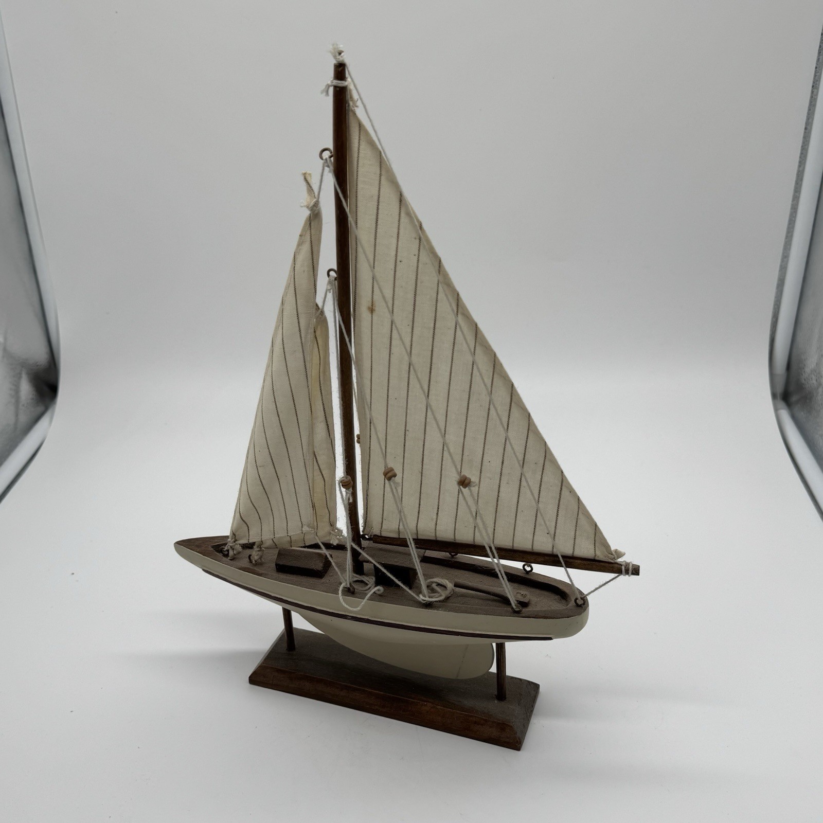 Vintage Wooden Model Sailboat Yacht with Wood Stand Nautical Maritime Decor