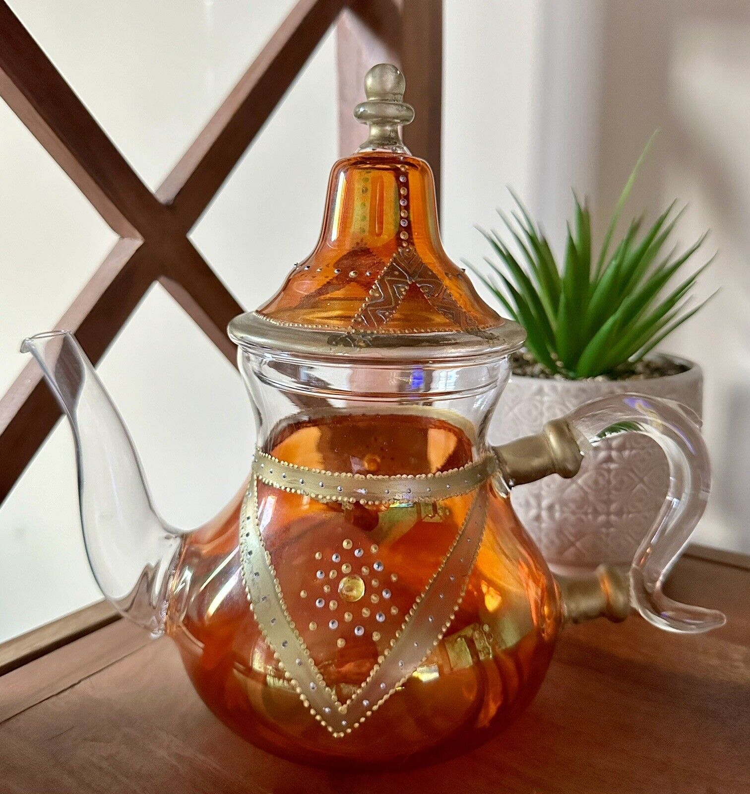 BEAUTIFUL MOROCCAN GLASS TEAPOT WITH LID GOLD ORNAMENT 8” TALL