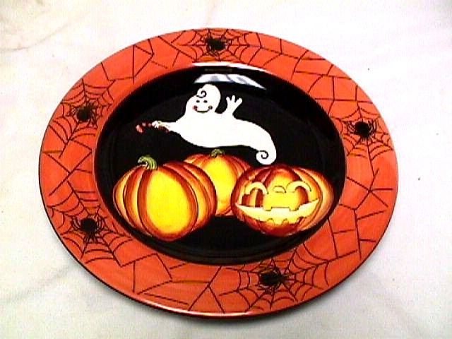vtg 2006 GATES WARE Decorative HALLOWEEN PLATE ghost spider webs pumpkins NEW 9\