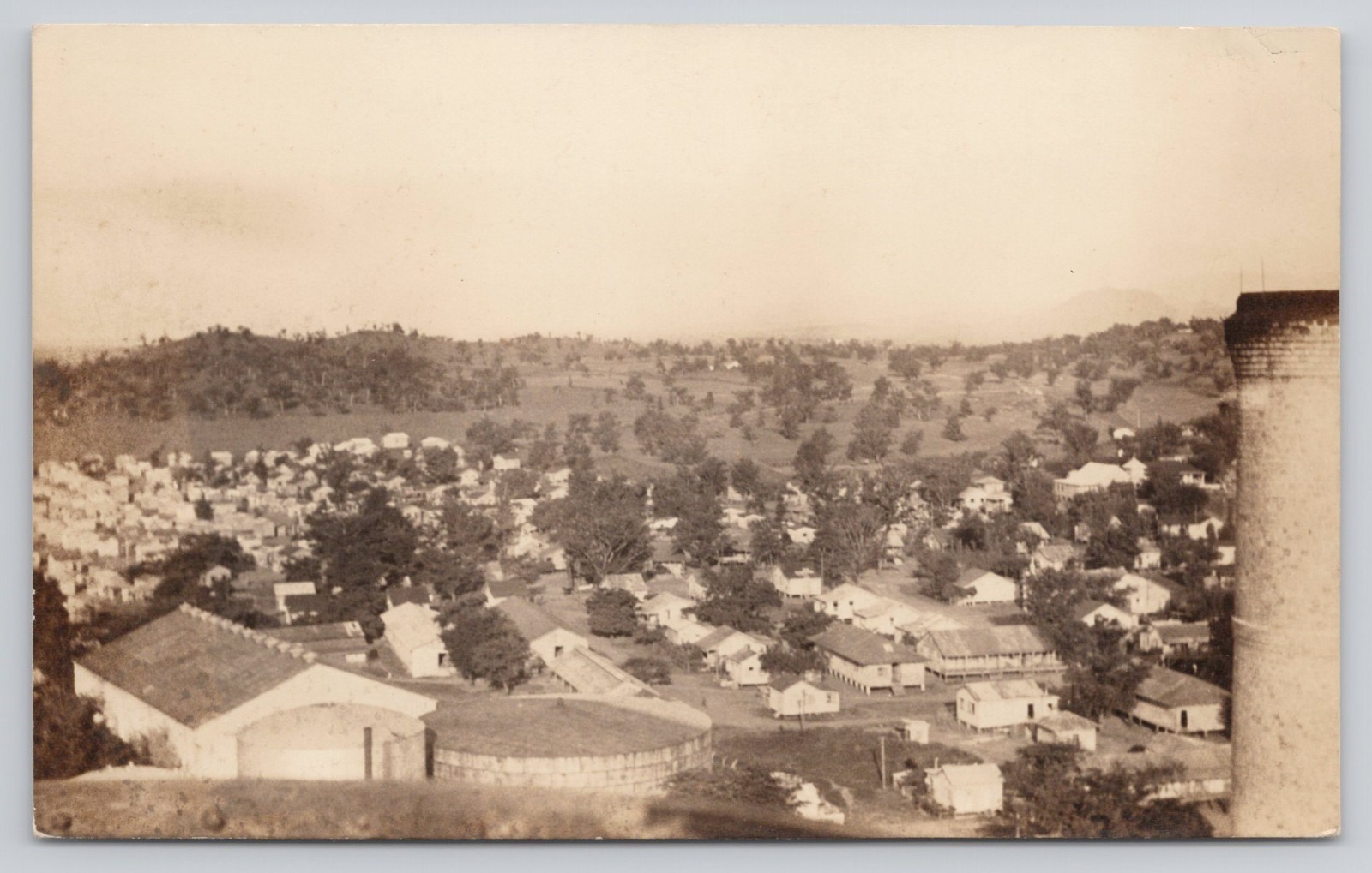 RPPC Birds Eye View Small Town Large Smokestack Real Photo c1926-1940s Postcard
