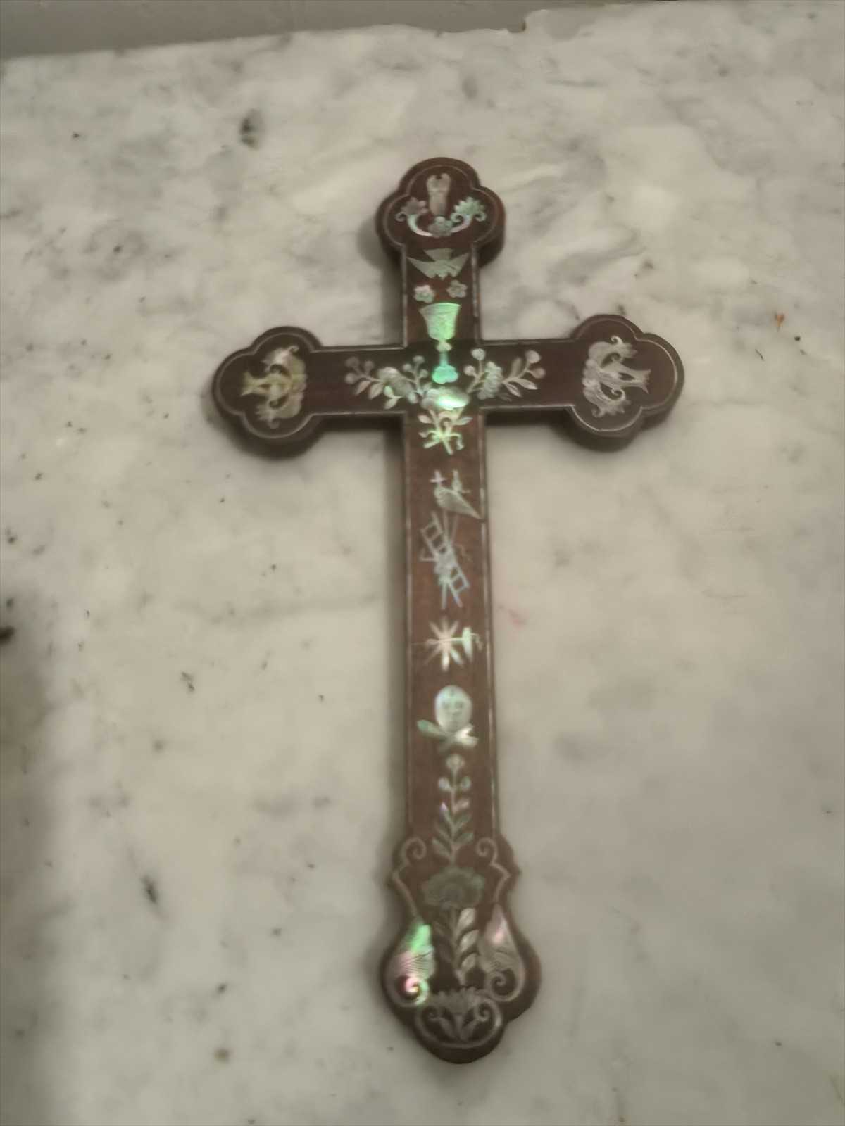 Antique Indochina Tonkin Apostolic Cross 19thC Mother of Pearl Rosewood 28.5cm 