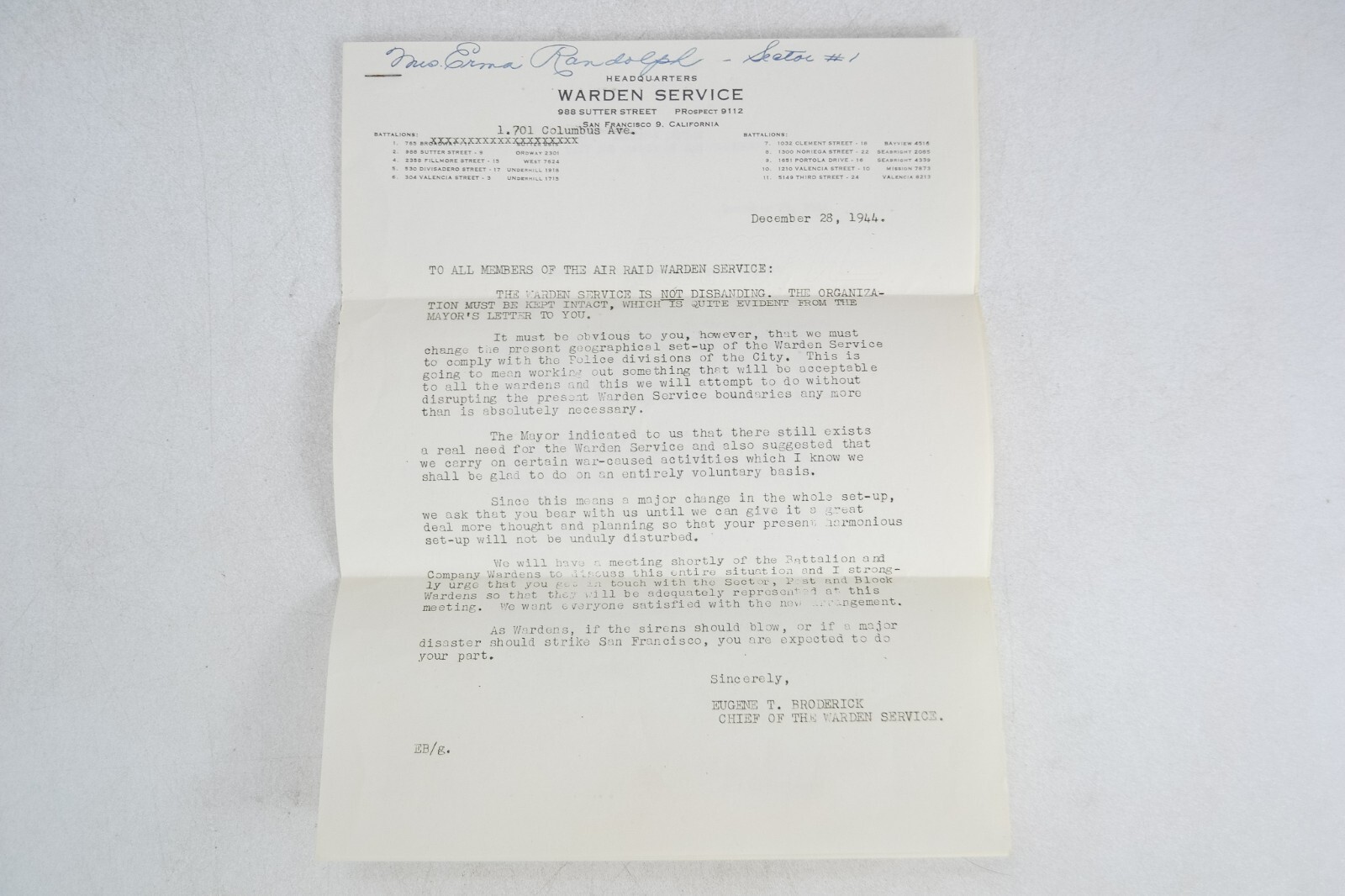 WWII Ephemera, 1944 Letter, San Fran Warden Service & Mayor to a Mrs. Randolph WWII Ephemera, 1944 Letter, San Fran Warden Service & Mayor to a Mrs. Randolph