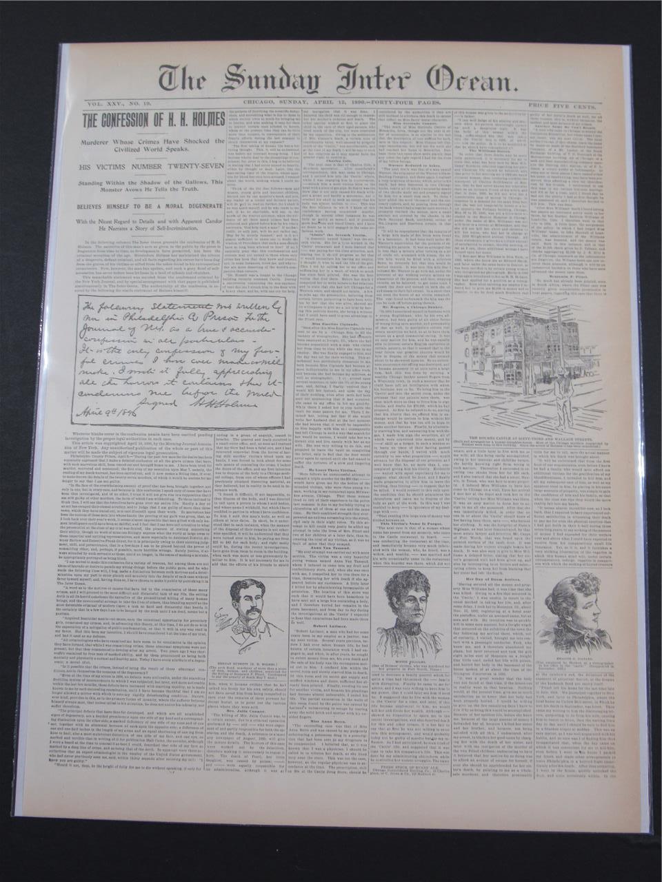 VINTAGE NEWSPAPER HEADLINE ~ H.H. HOLMES AMERICA\'s 1st MASS SERIAL MURDERER 1896