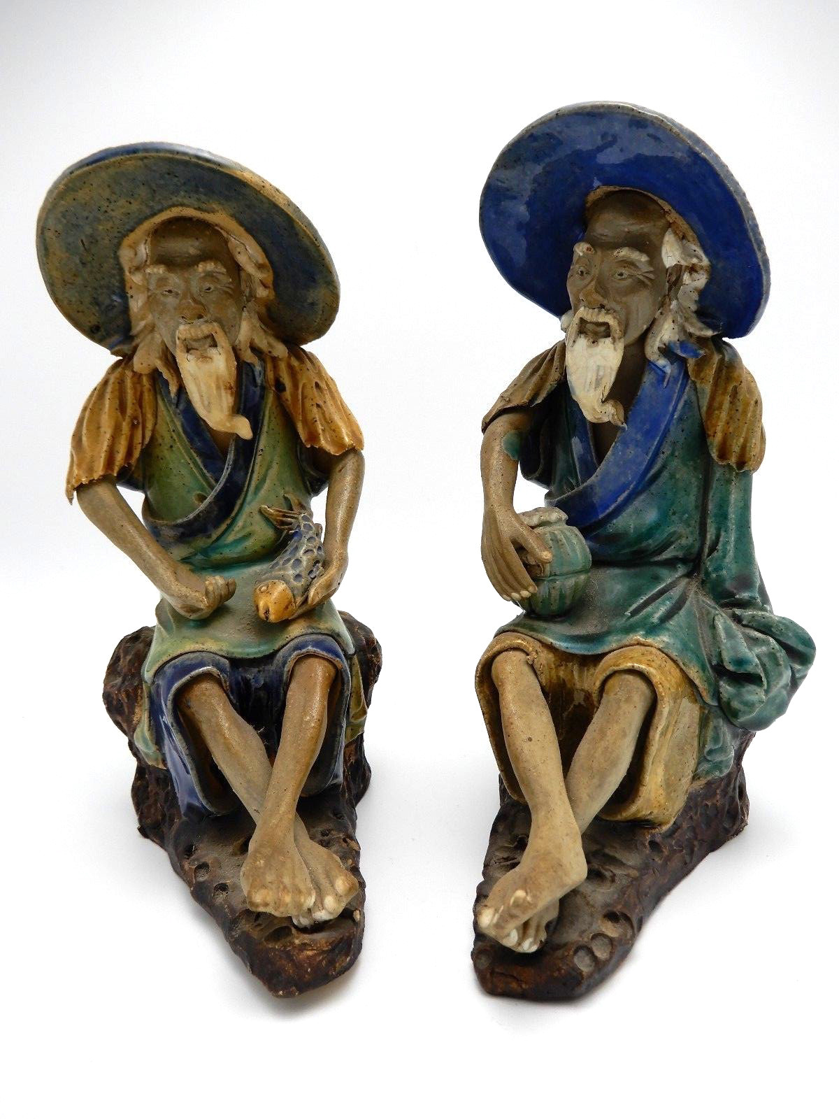 Vintage Chinese Asian Mud Man Fishing Pair Figurines 1930s 7 Inch Tall