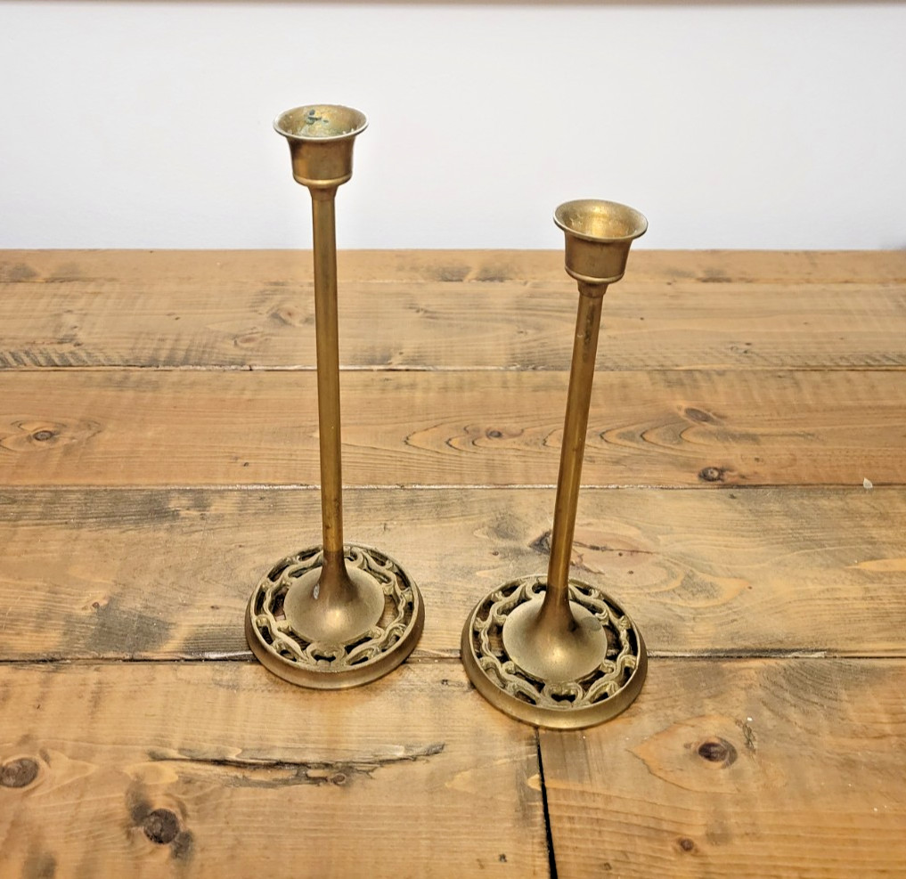 Vintage Solid Brass Candlesticks Pair 8” & 7” Tall