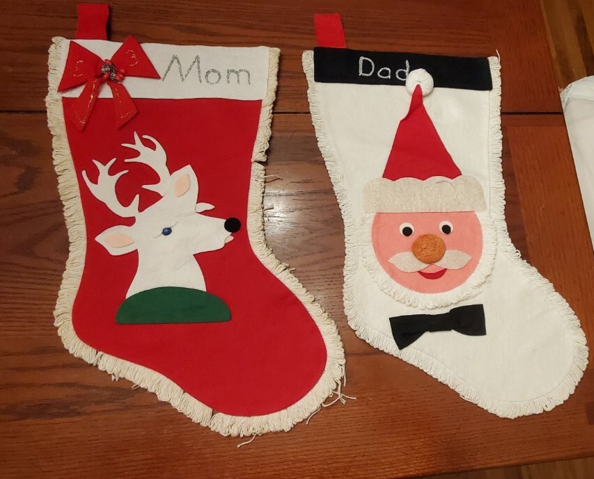 Pair Vintage Felt Applique Mom Dad Santa Reindeer Christmas Stockings 19.5\