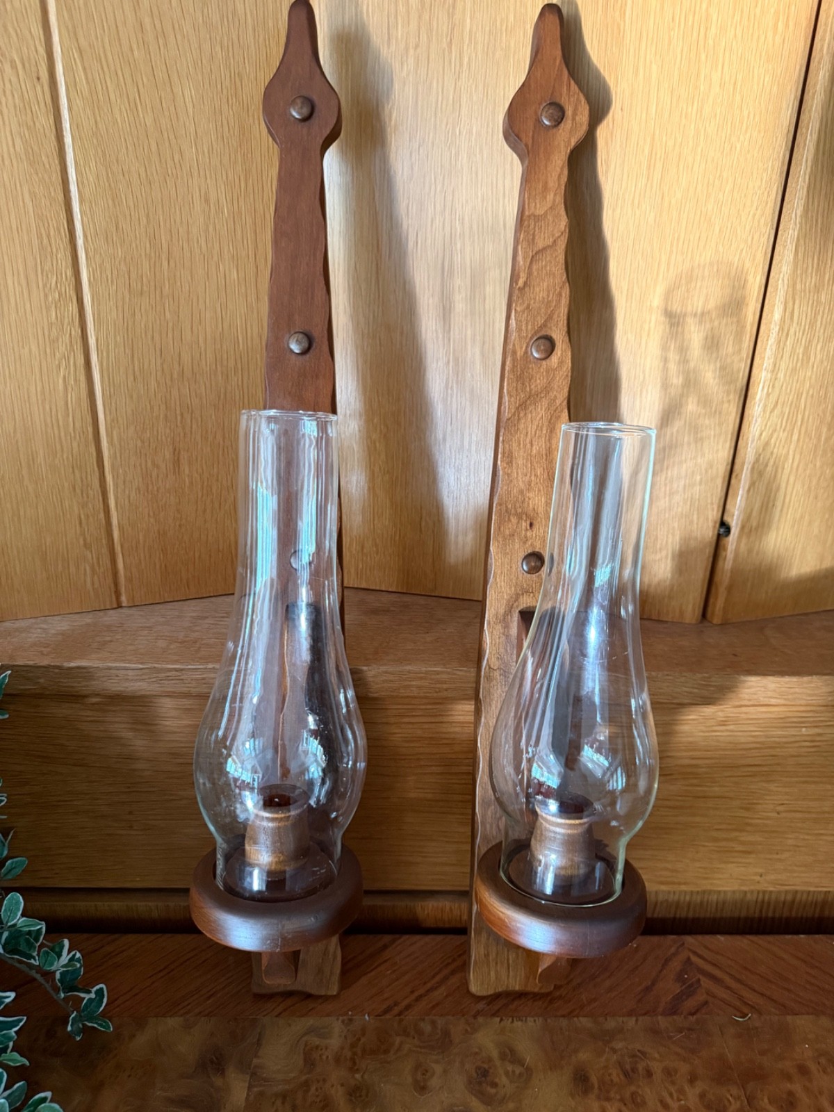 Pair of Vtg Wooden Wall Sconces Candle Holders Woodcraftery w Glass Chimneys 25 Pair of Vtg Wooden Wall Sconces Candle Holders Woodcraftery w Glass Chimneys 25