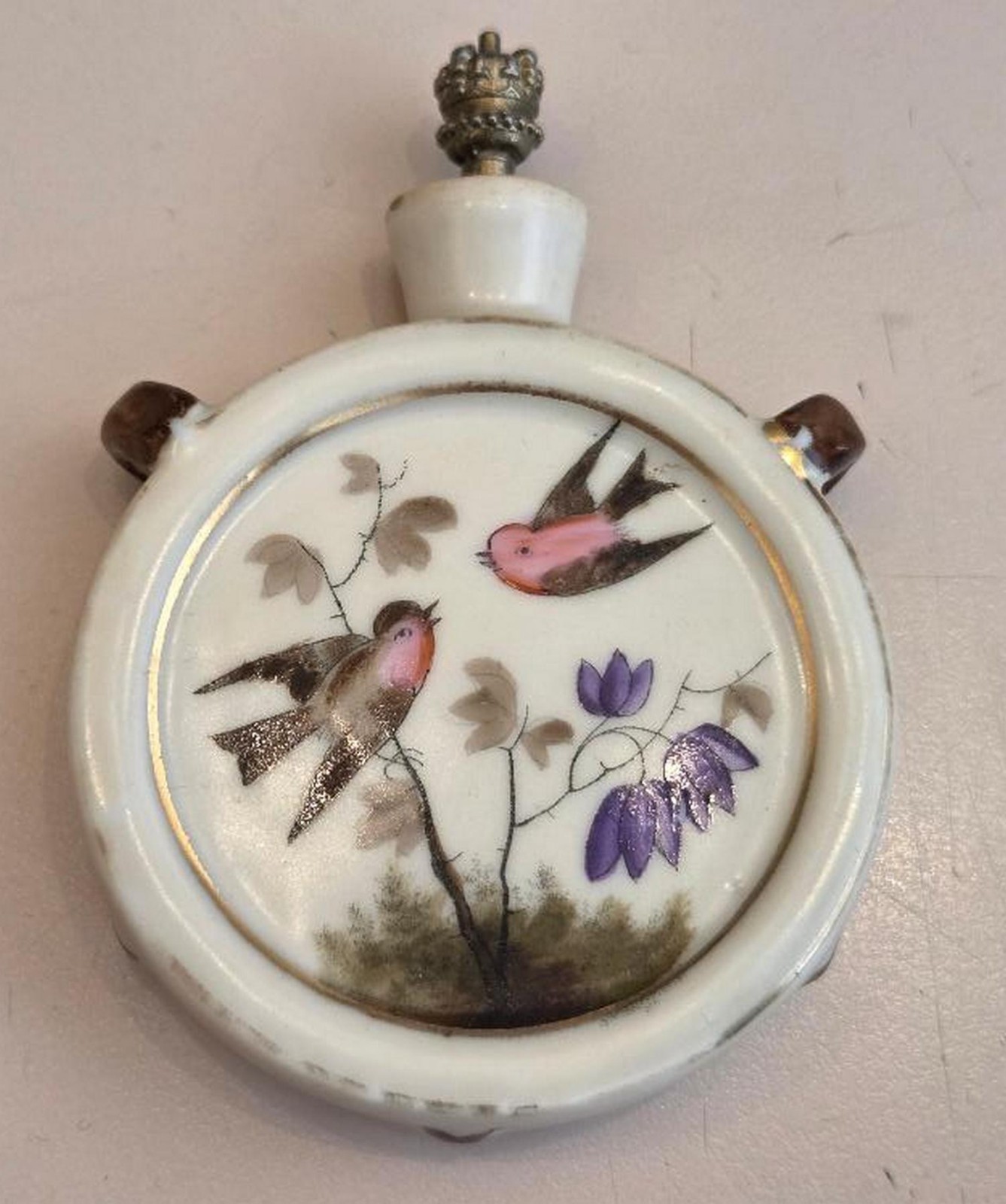 1900s Ricksecker porcelain enamel painted birds perfume bottle crown top 1900s Ricksecker porcelain enamel painted birds perfume bottle crown top