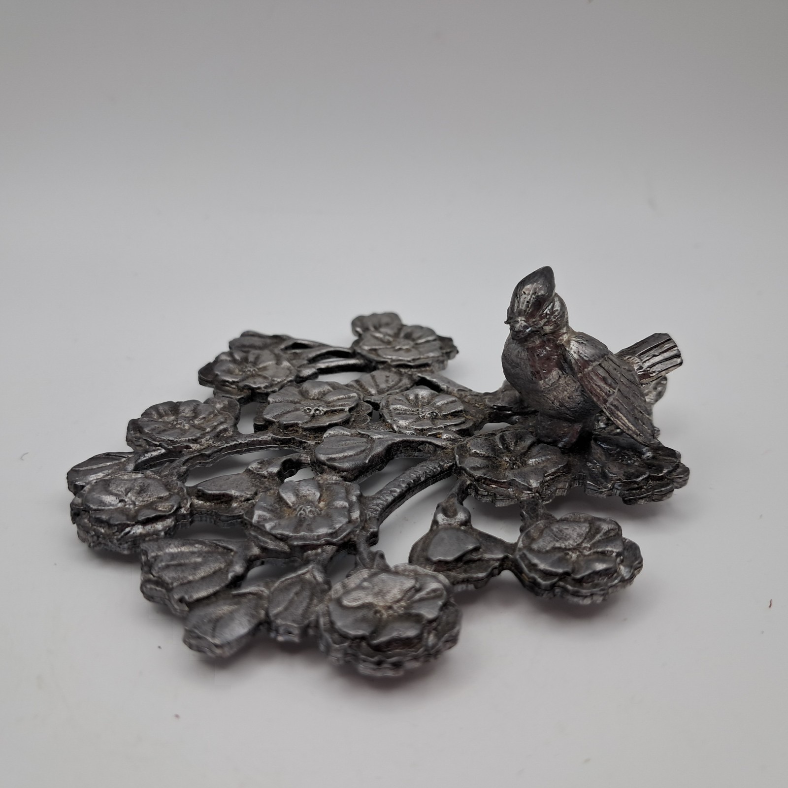 ​Vintage 1981 Metzke Pewter Bird on Flowering Branch Trivet / Wall Plaque