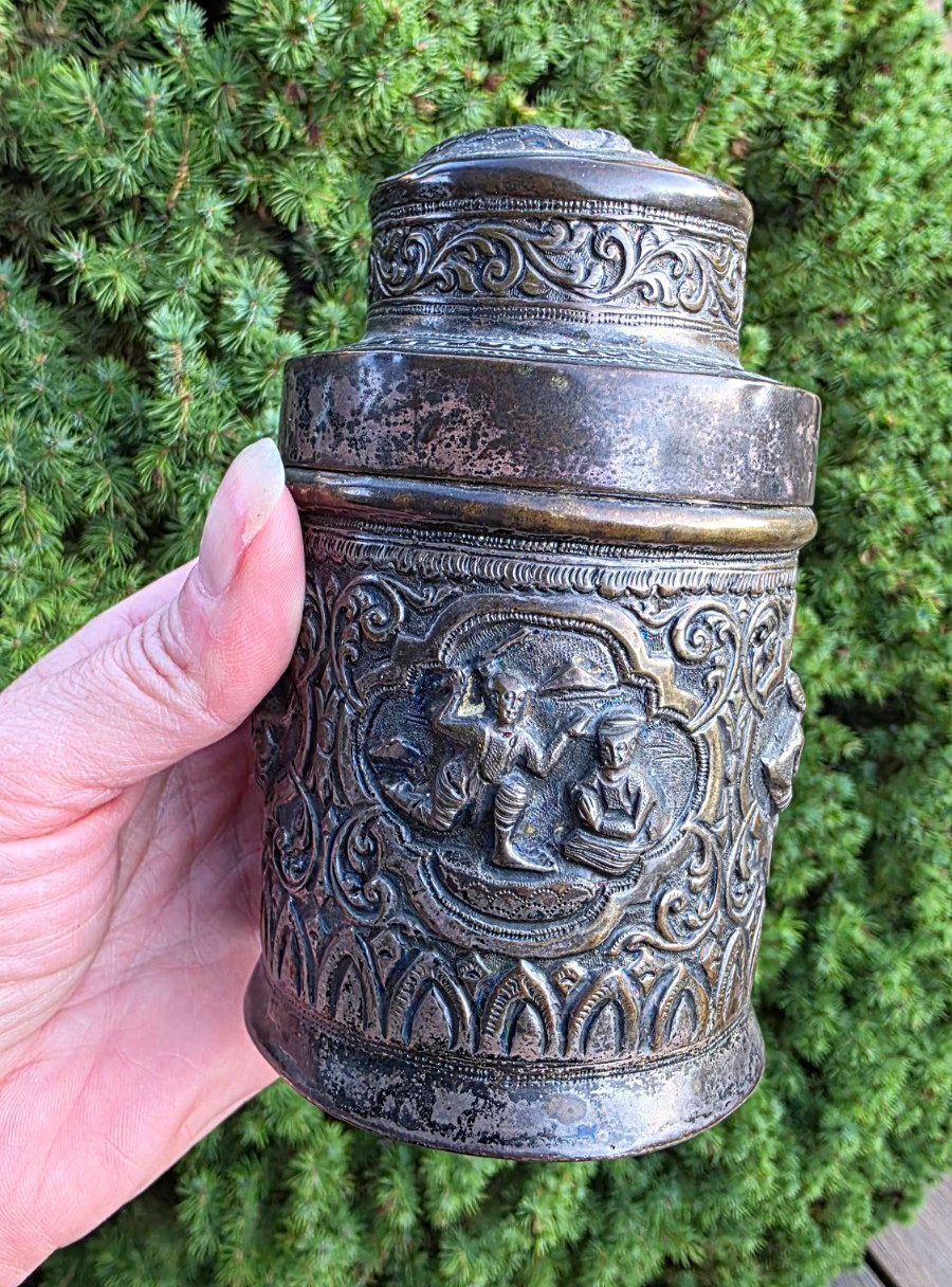 Antique Burmese Silver Tea Caddy Cylindrical Box Repousse Figural Scene 19thC Antique Burmese Silver Tea Caddy Cylindrical Box Repousse Figural Scene 19thC