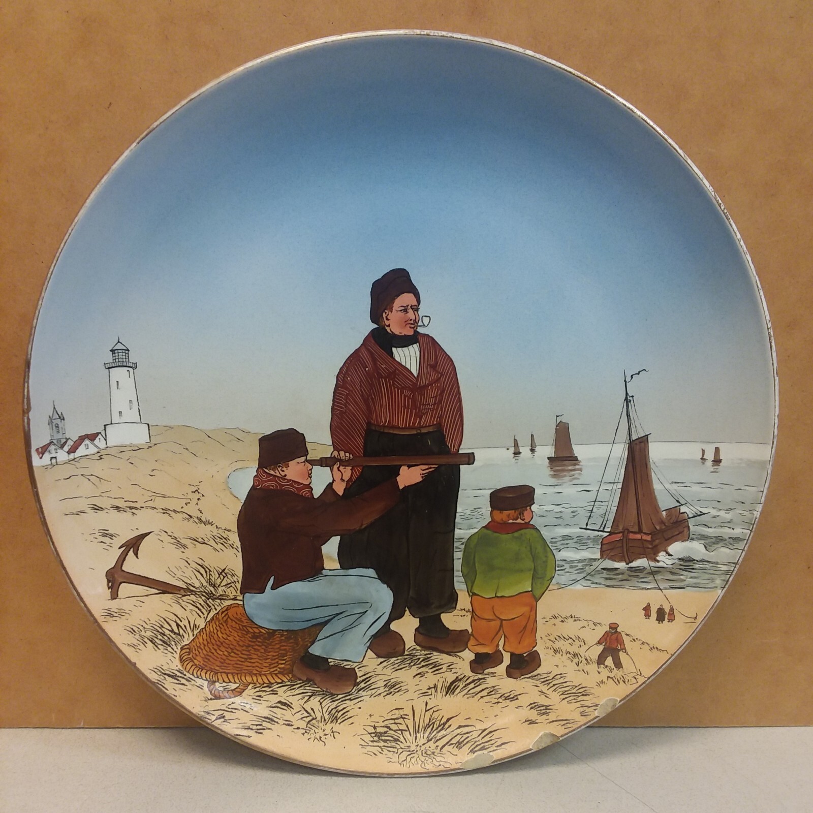 Antique VILLEROY & BOCH Dutch Lighthouse Beach Seascape METTLACH Plate Charger