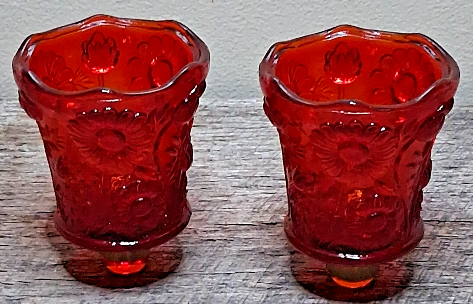 2 Vintage HOMCO Home Interiors Ruby Red Daisy Glass Peg Votive Holders Pair