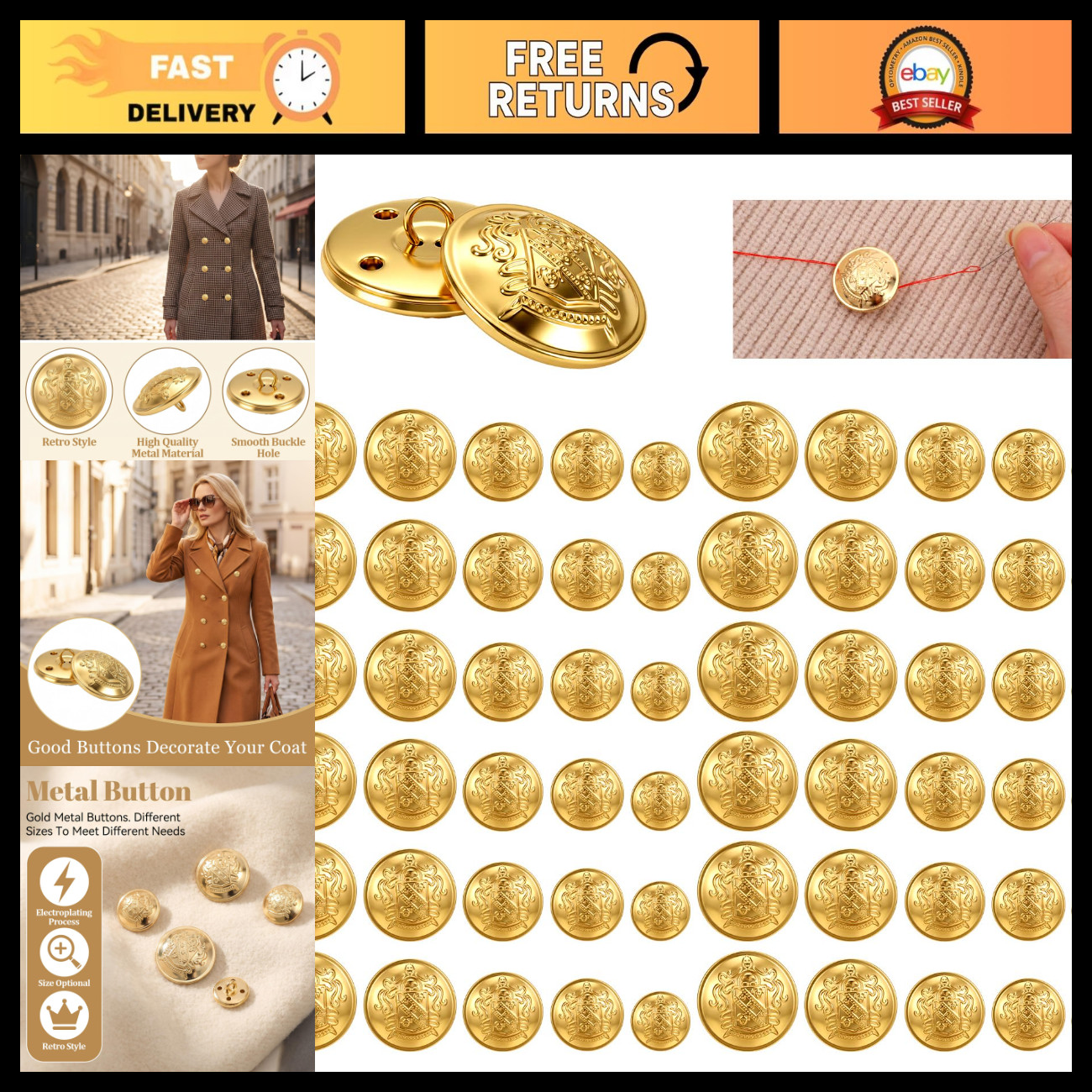 150pcs Vintage Brass Gold Buttons Set for Blazers, Coats - 5 Sizes, DIY Sewing