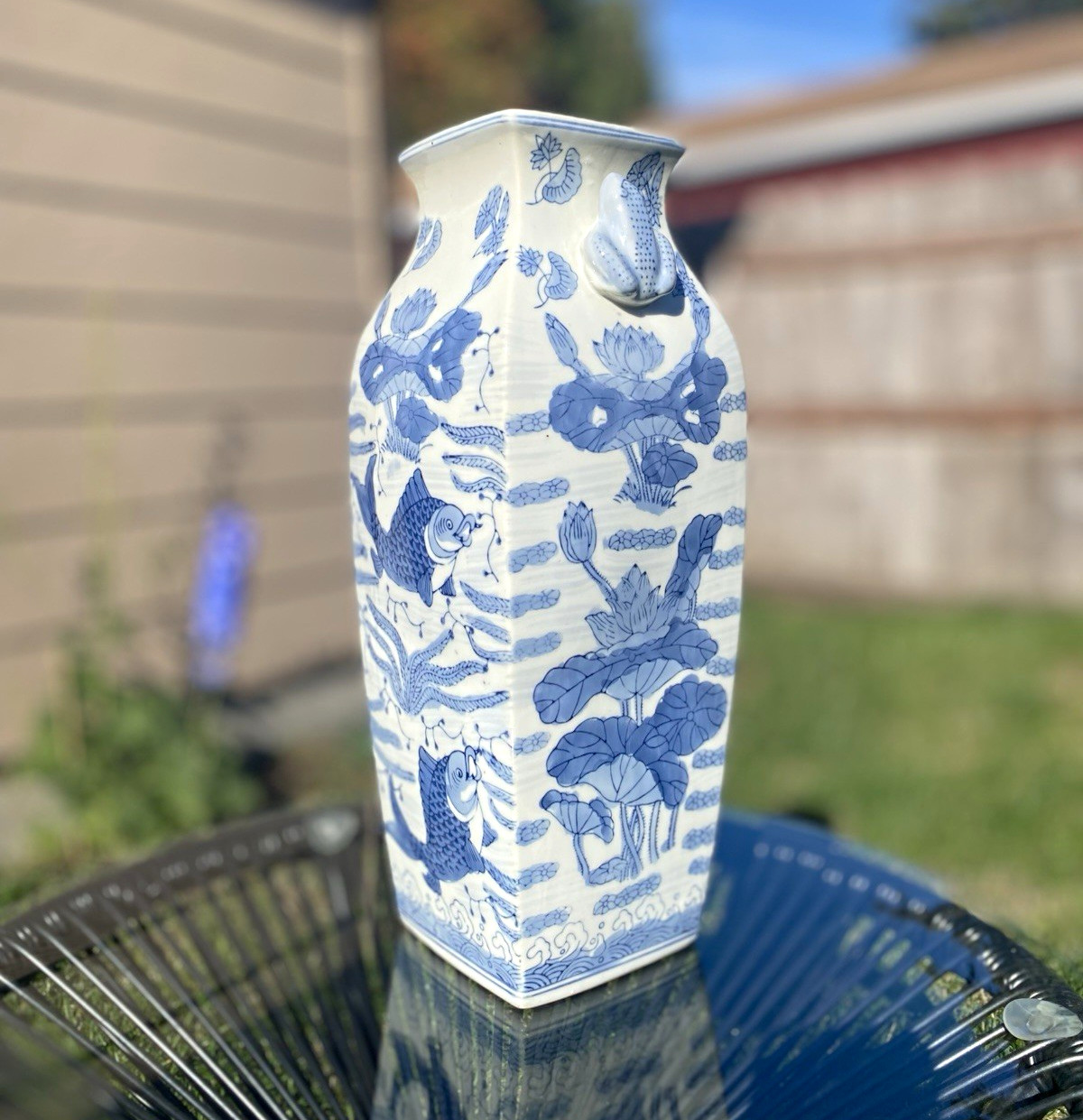 Vintage Chinese Blue & White Porcelain Vase Koi Fish Frog Lily Pond Motif