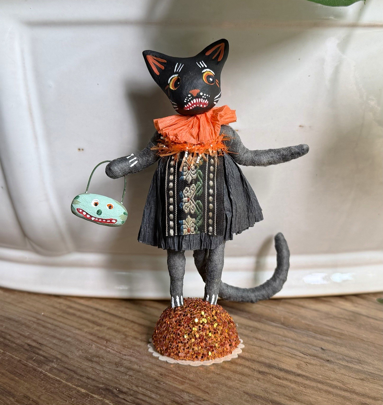 Charming Handmade Spun Cotton & Clay Halloween Black Cat Figurine Charming Handmade Spun Cotton & Clay Halloween Black Cat Figurine