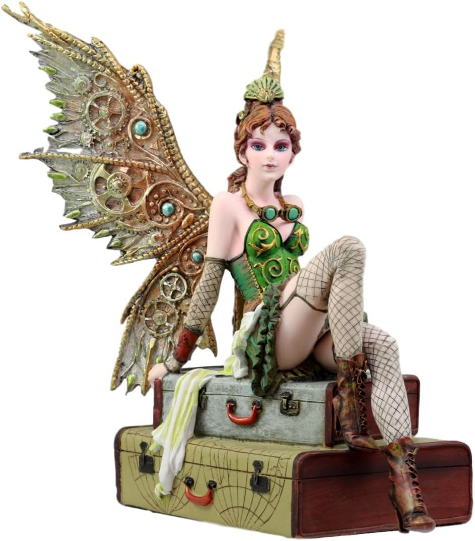 Ebros Steampunk Burlesque Traveler Fairy Sitting on Suitcases Figurine 9 Ebros Steampunk Burlesque Traveler Fairy Sitting on Suitcases Figurine 9
