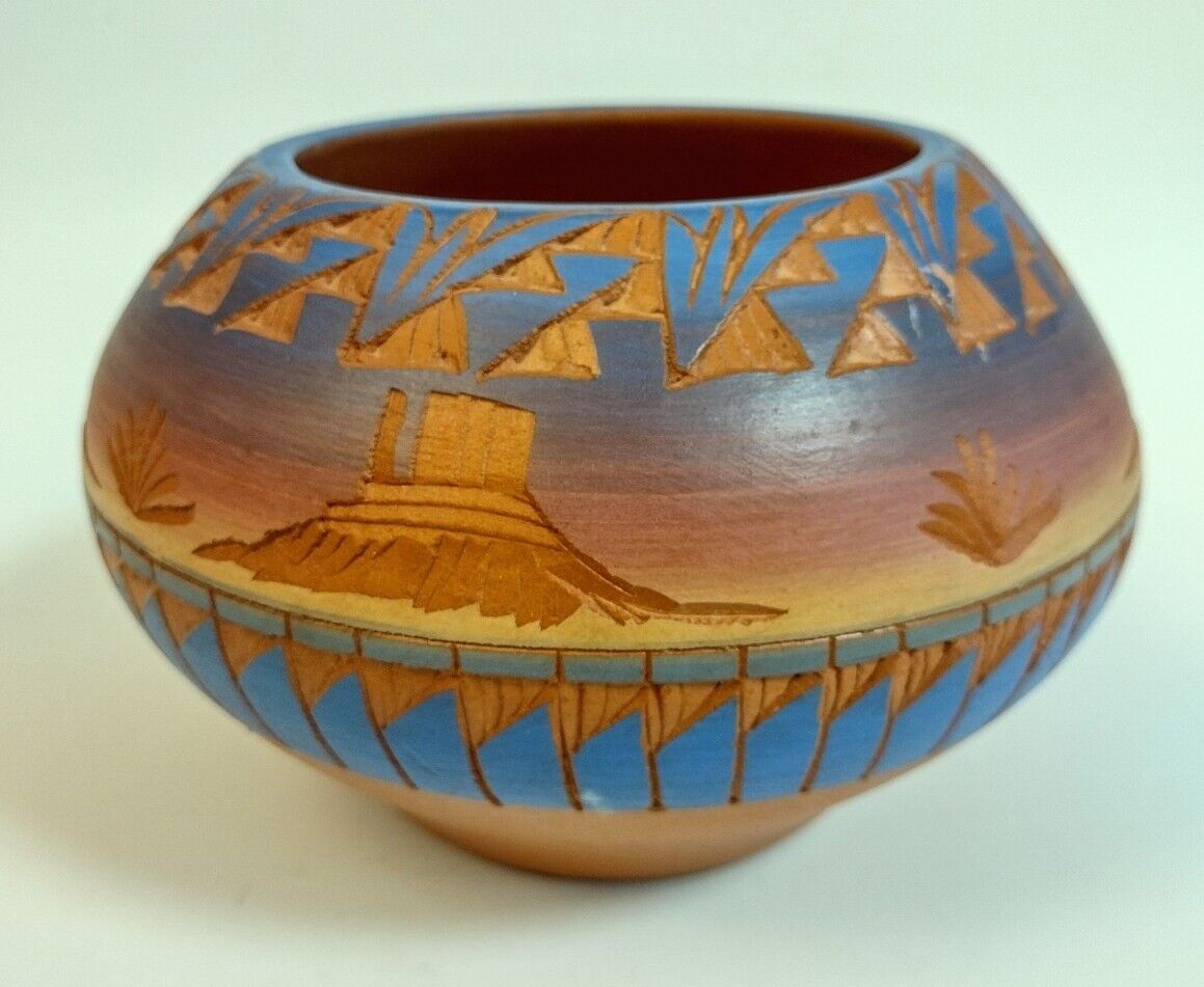 Navajo Etched Pottery Pot Terracotta Blue Signed Vintage 