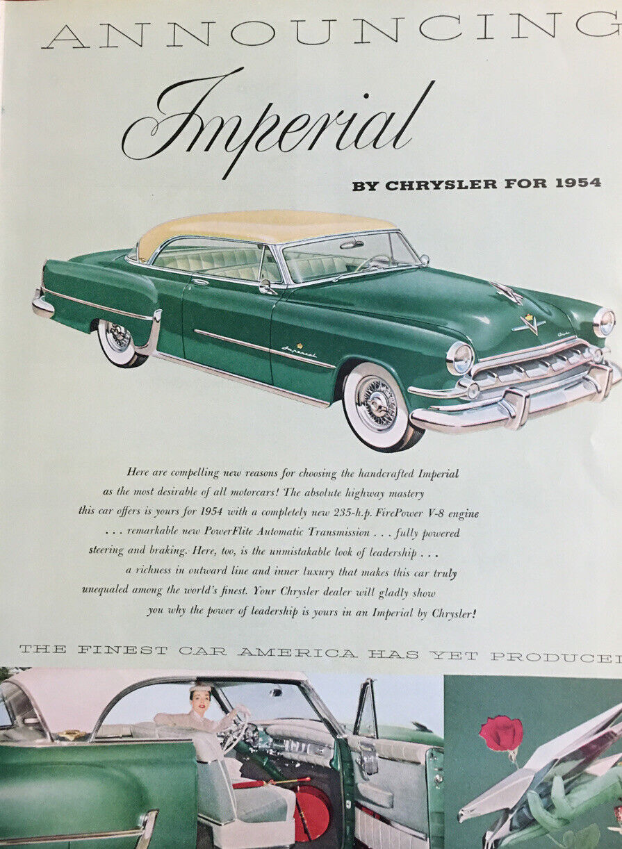 Vintage 1953 Chrysler Imperial 1954 Car Model Green Retro Print Advertisement