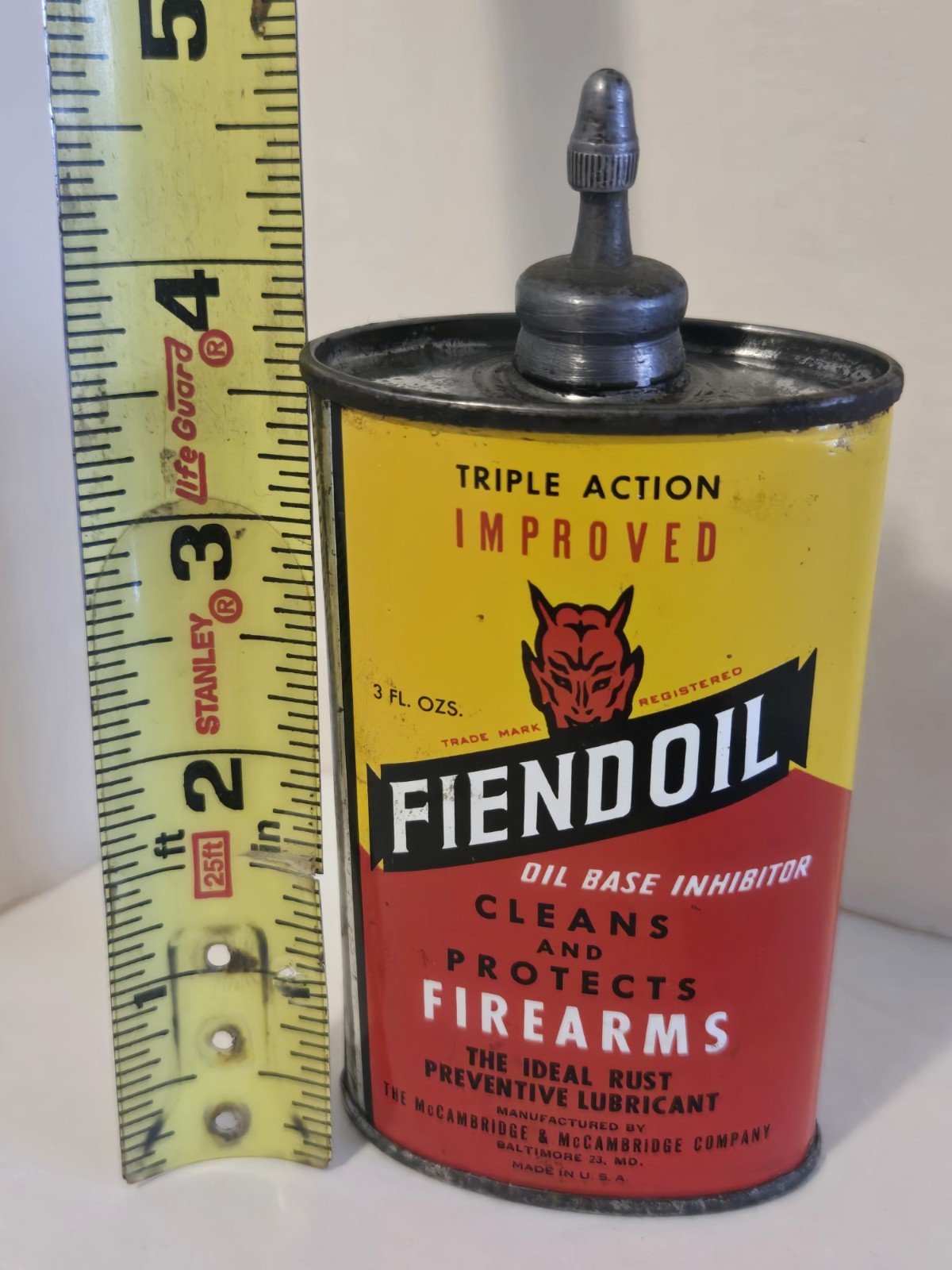 1940's ~VTG FIENDOIL ~3oz LEAD TOP OILER CAN GUN OIL ADVERTISING TIN~ DEVIL HEAD
