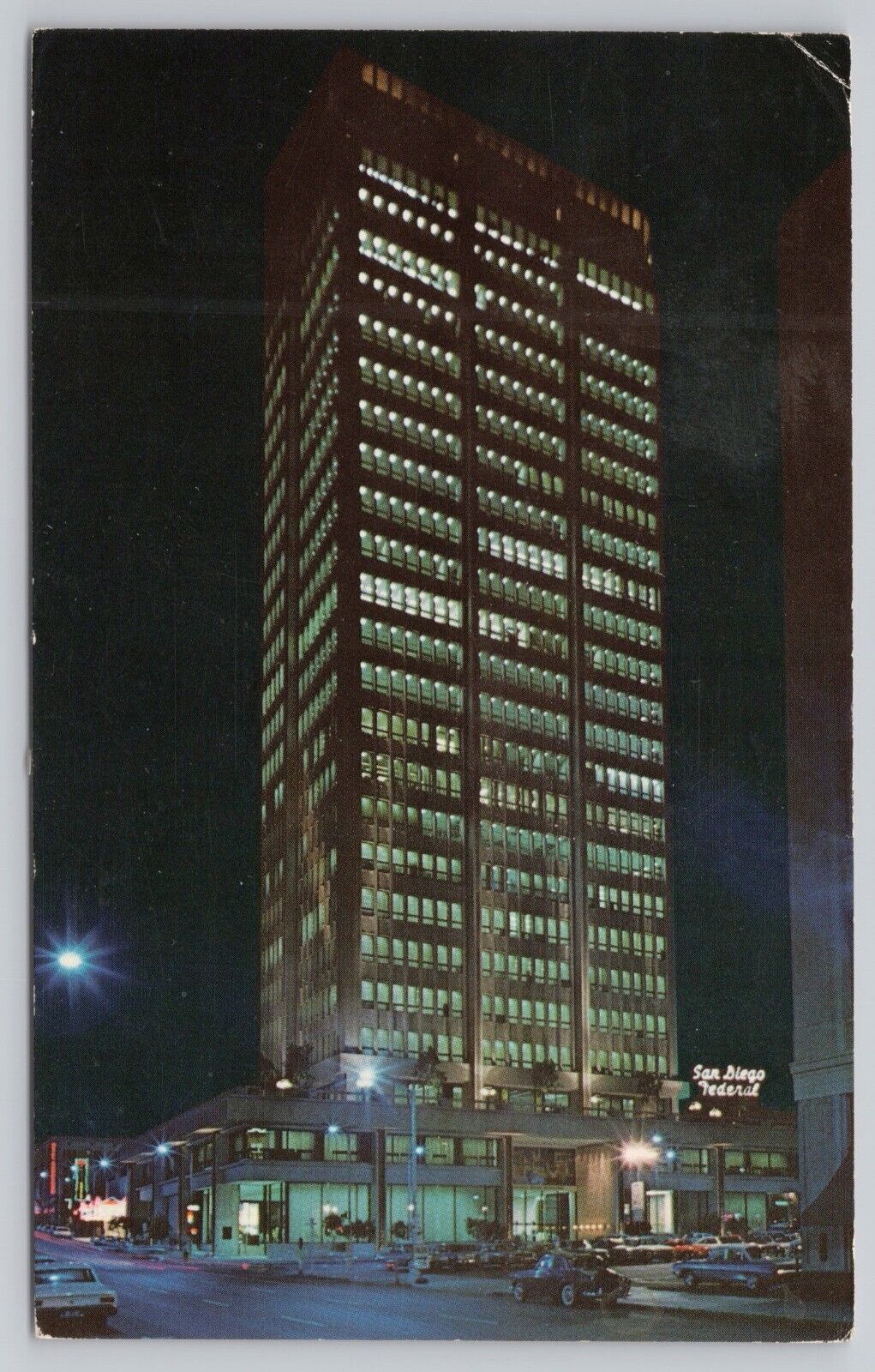 San Diego California, First National Bank Building Night Lights Vintage Postcard