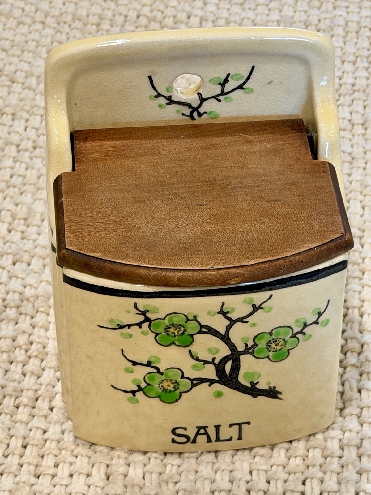 Vtg Moriyama Japan Ceramic Wall Hanging Salt Box Cellar Wood Lid Cherry Blossom