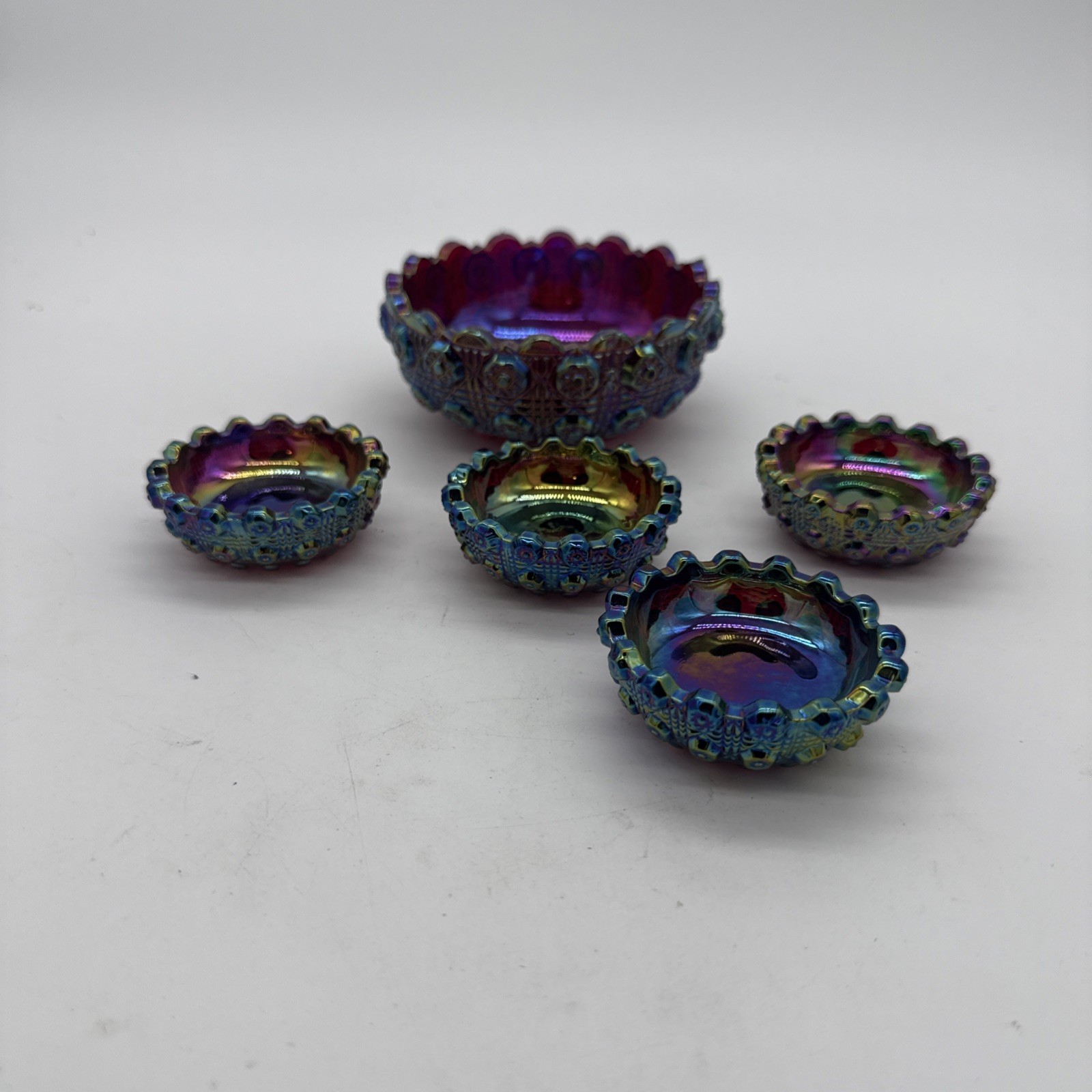 HTF Amethyst Carnival Glass Master Salt Cellars Set/Star Burst Motif