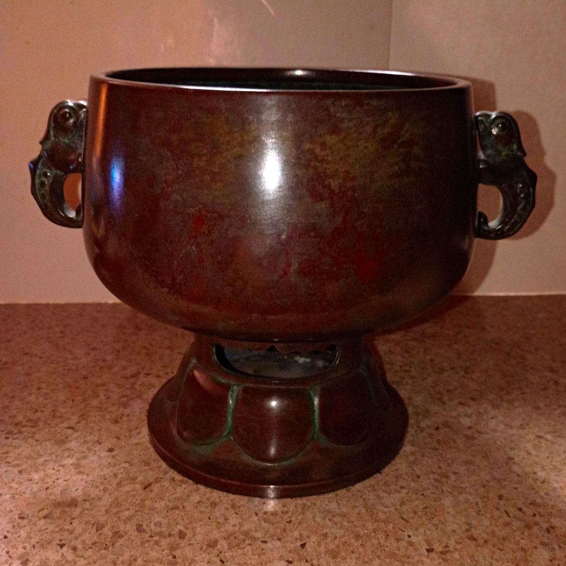Chinese Large Bronze Bowl/Censer with Seahorse Side Handles on Pedestal Base
