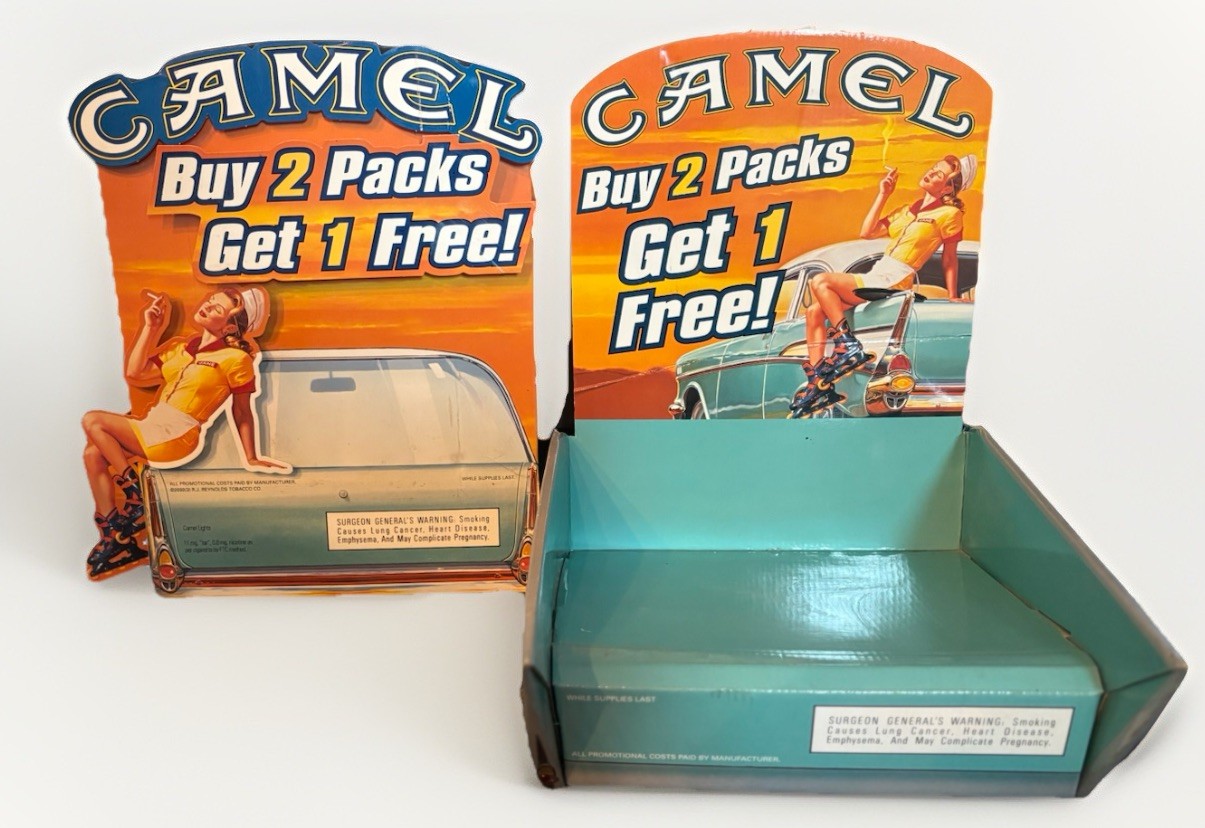 2 Vtg Camel Cigarette Cardboard Store Counter Displays 57 Chevy One Lights Up
