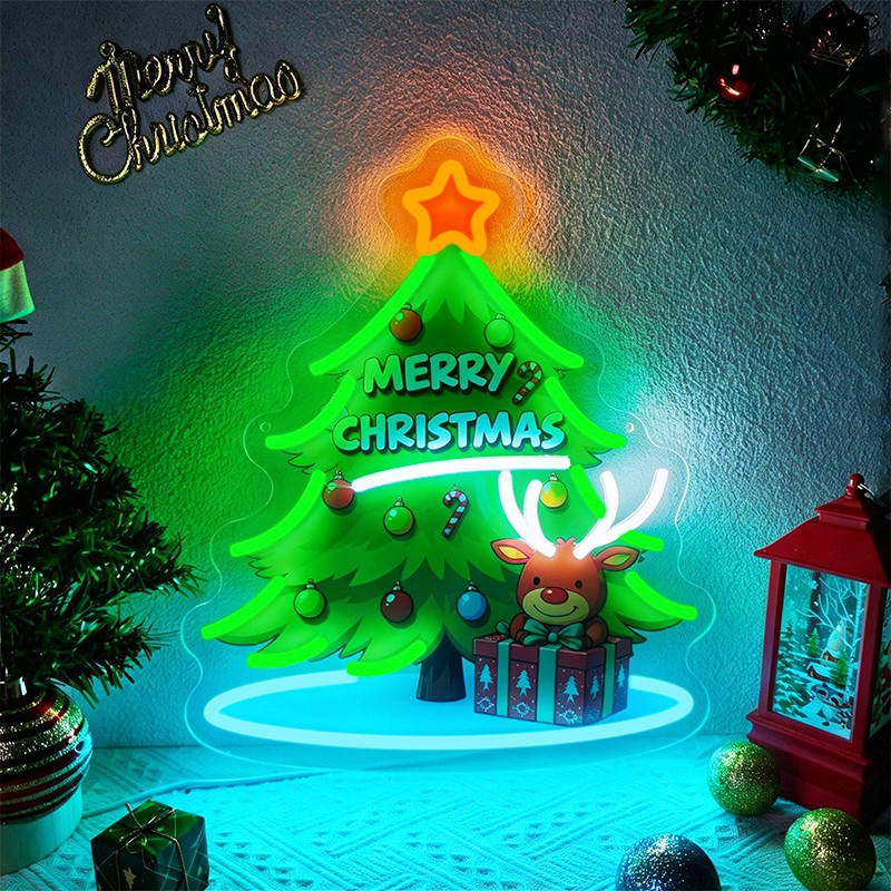 Merry Christmas Tree Neon Light Sign with Reindeer Holiday USB LED Wall Decor Merry Christmas Tree Neon Light Sign with Reindeer Holiday USB LED Wall Decor