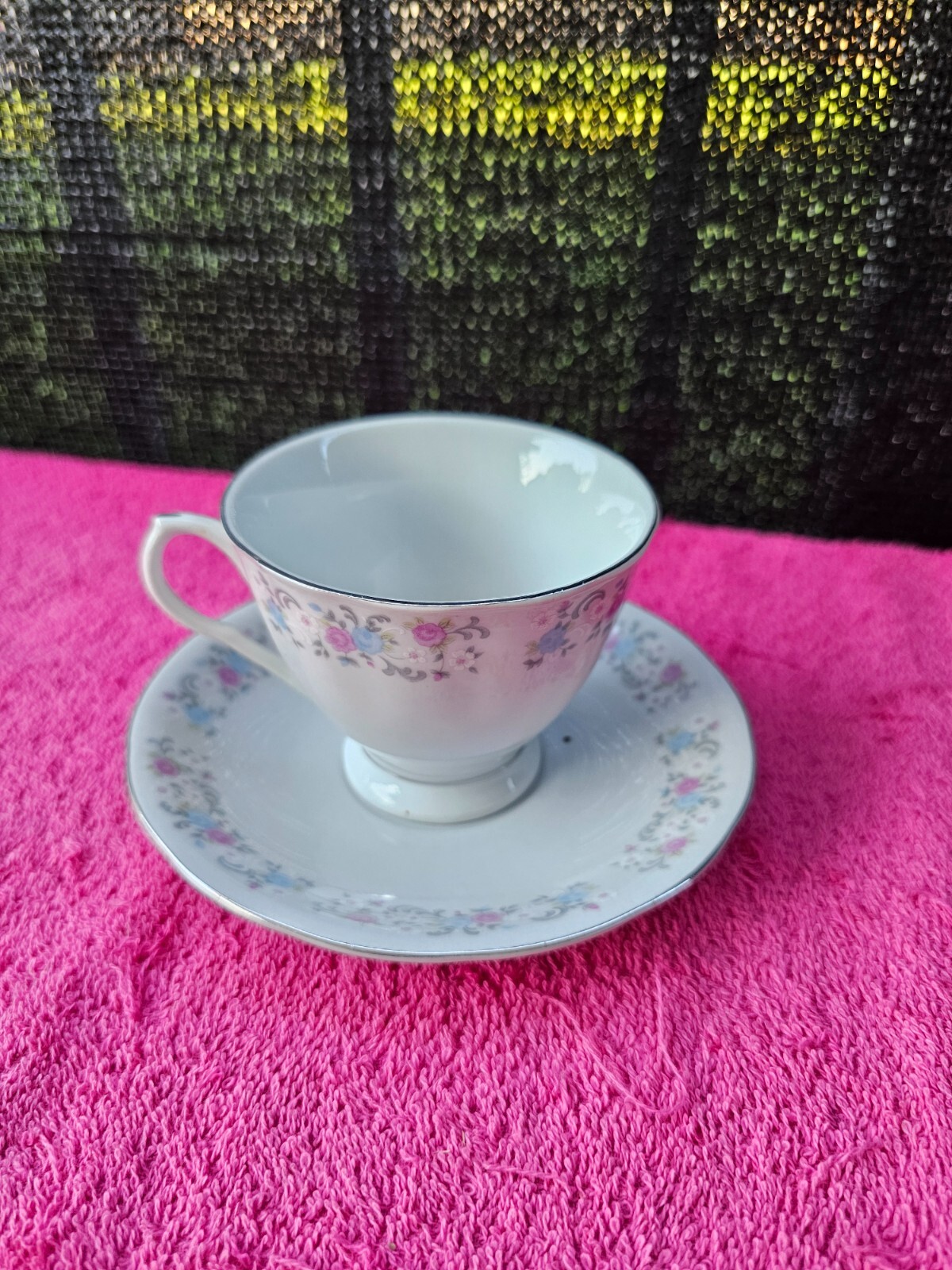 FTDA Tea Cup & Saucer Pink Blue & White Flowers With Platinum Trim Vintage 1986