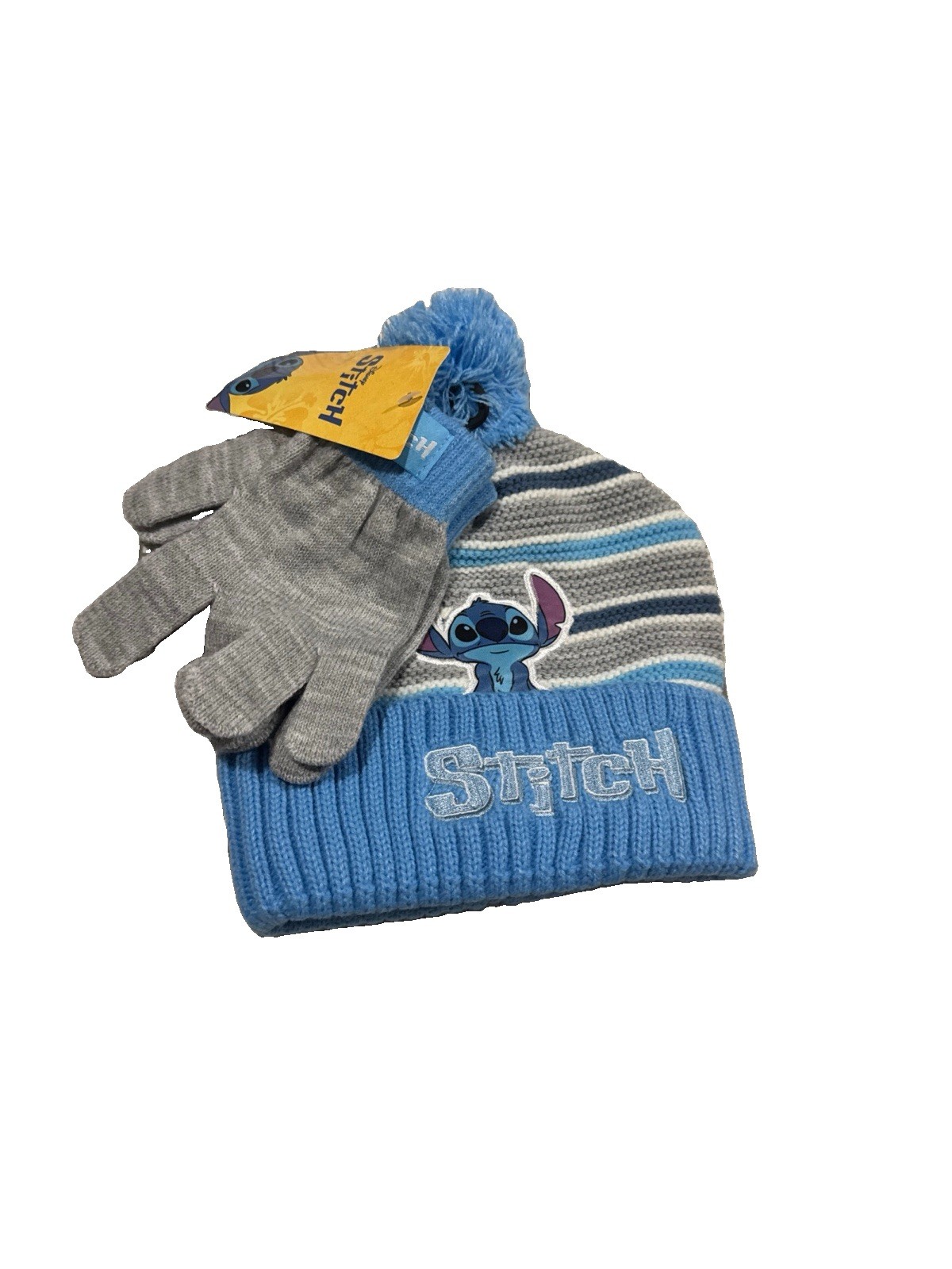Disney Stitch Light Blue Knit Hat & Gloves Set with Pom Pom & Character Patch