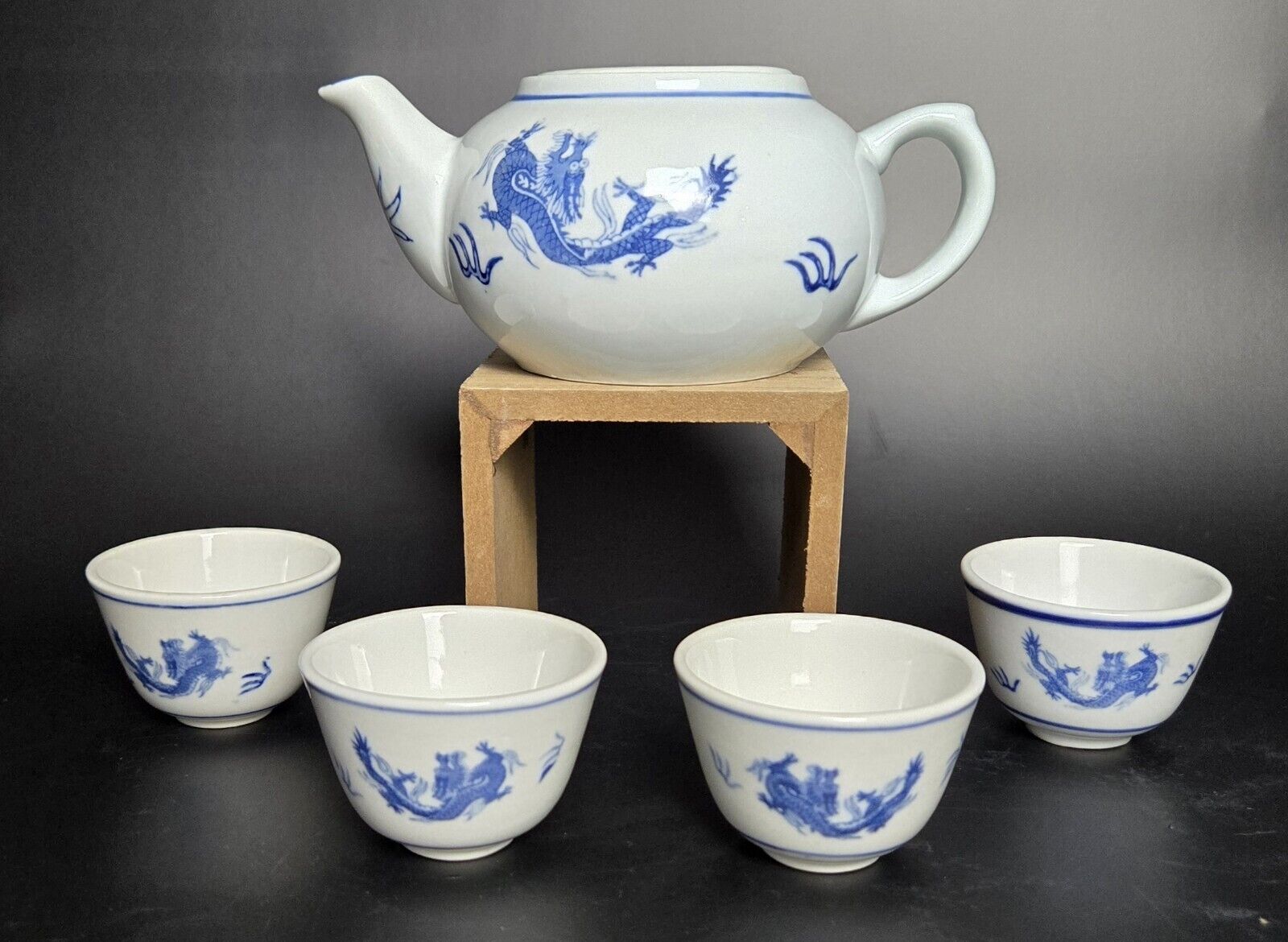 Vintage Pier 1 Blue Dragon Small Teapot & 4 Tea Cups RARE