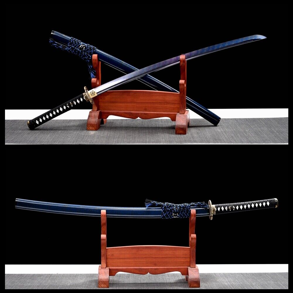 Blue Flower Katana Blue&Red Damascus Folded Steel Japanese Samurai Sharp Sword