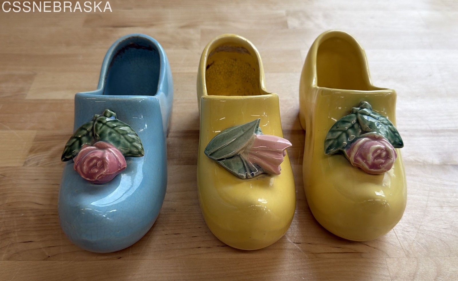 Vintage McCoy Pottery Dutch Shoe Planter Lot of 3 Ceramic Clog Rose Yellow Blue