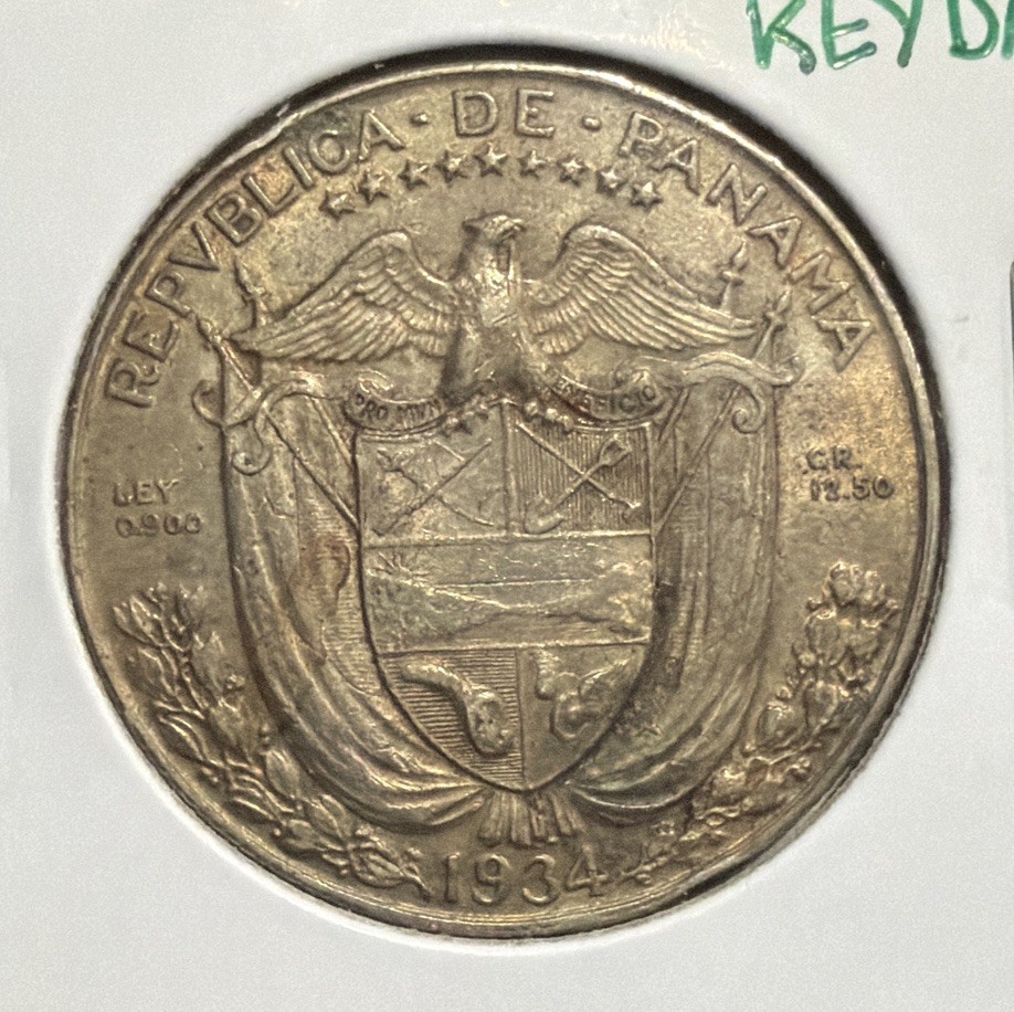 1934 Panama 1/2 Balboa SCARCE Silver Coin-30.6MM-KM#2.1-MINTAGE =90,000