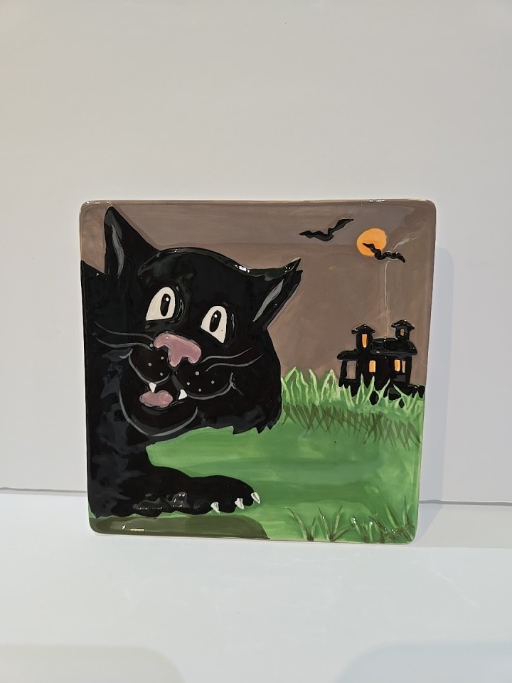 Halloween Black Cat & Haunted House Bats Ceramic Dish MWW Market 4 1/2” Square