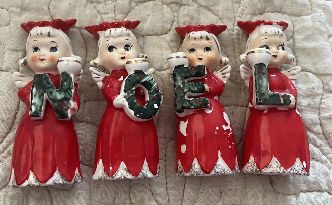 Vintage Commodore Noel Angel Poinsettia Girls Candle Holders Set Ceramic Japan Vintage Commodore Noel Angel Poinsettia Girls Candle Holders Set Ceramic Japan