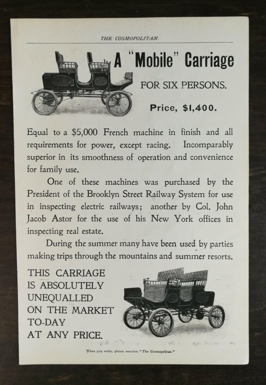 Vintage 1901 Six Person Mobile Carriage Full Page Original Ad - 721