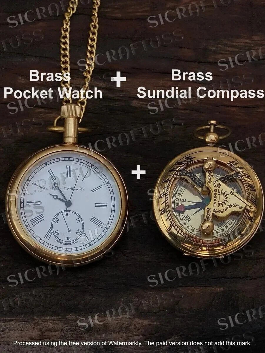 Antique Vintage Elgin Brass Pocket Watch With Pocket Sundial Compass for man