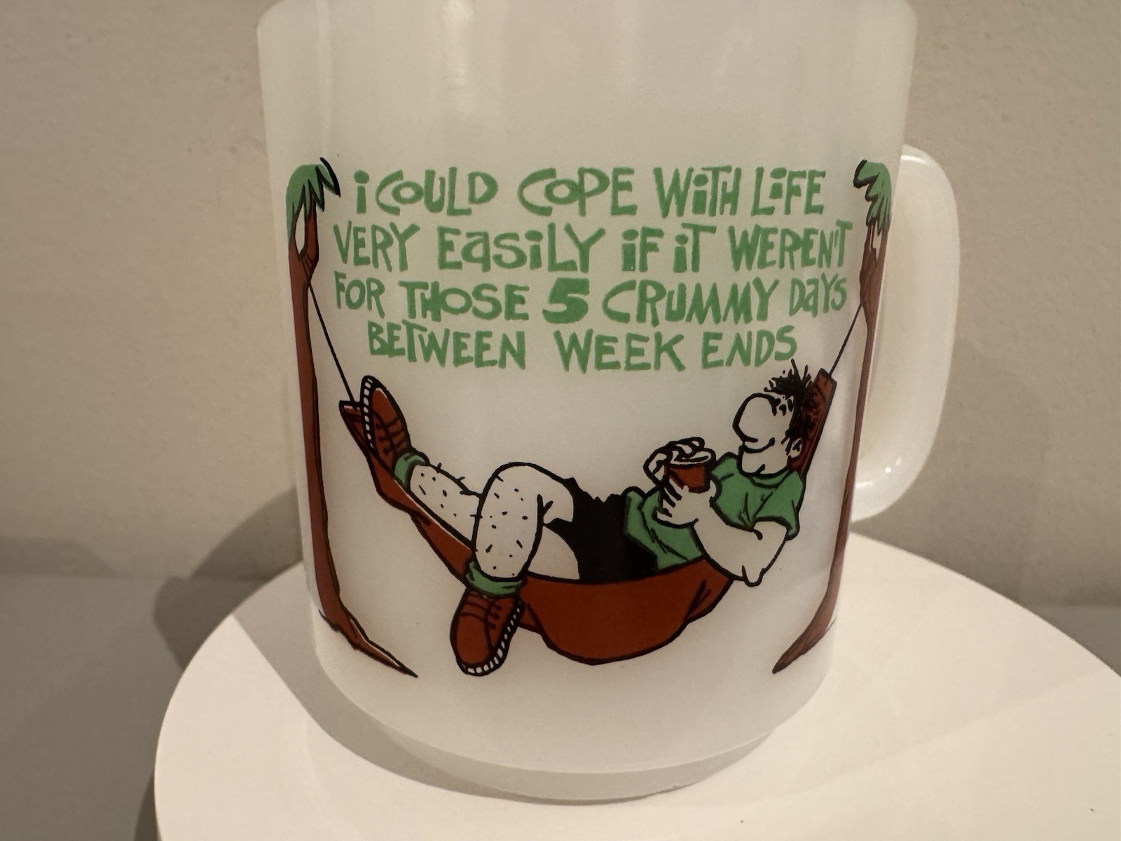 Vintage Glasbake Coffee Mug 1980’s Humor Milk Glass 3.5 inches tall