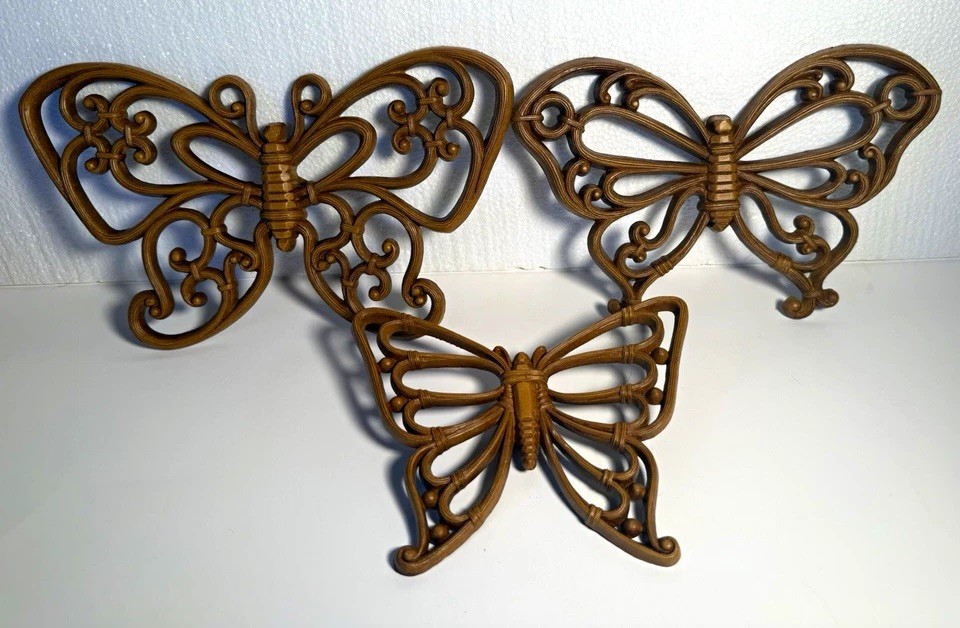 Homco Butterflies 1970s Home Interior Set of 3 Faux Wood Brown Rattan Wall Decor