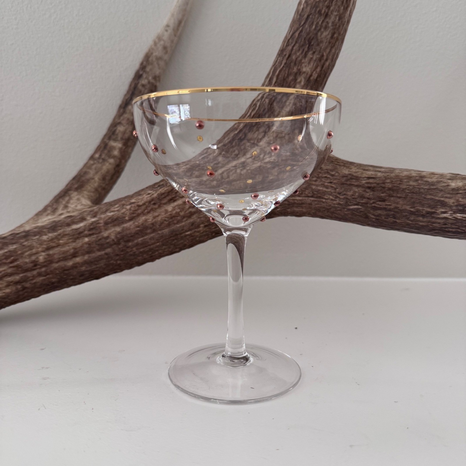 Gold Rimmed Coupe Glass with Raised Metallic Copper and Gold Polka Dots