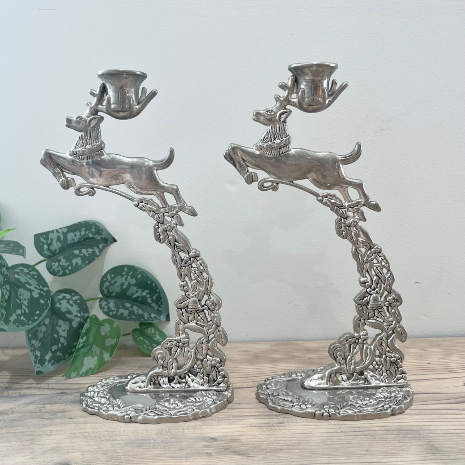 Godinger Vtg Silver Plated Leaping Reindeer Taper Candlestick Holders Pair of 2